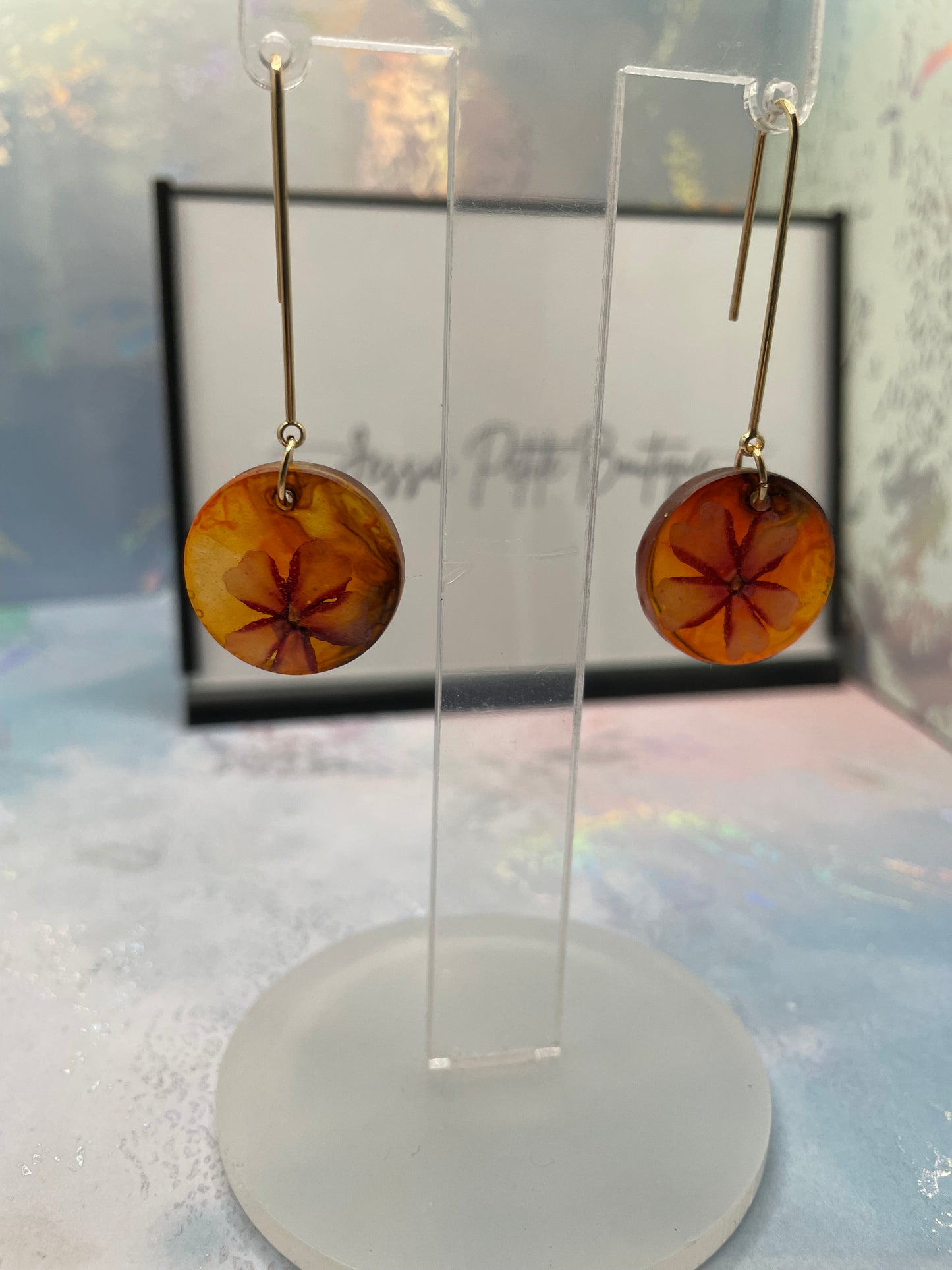 Dried Flower on Orange/Red Resin Round Dangle Earrings -NICKEL FREE