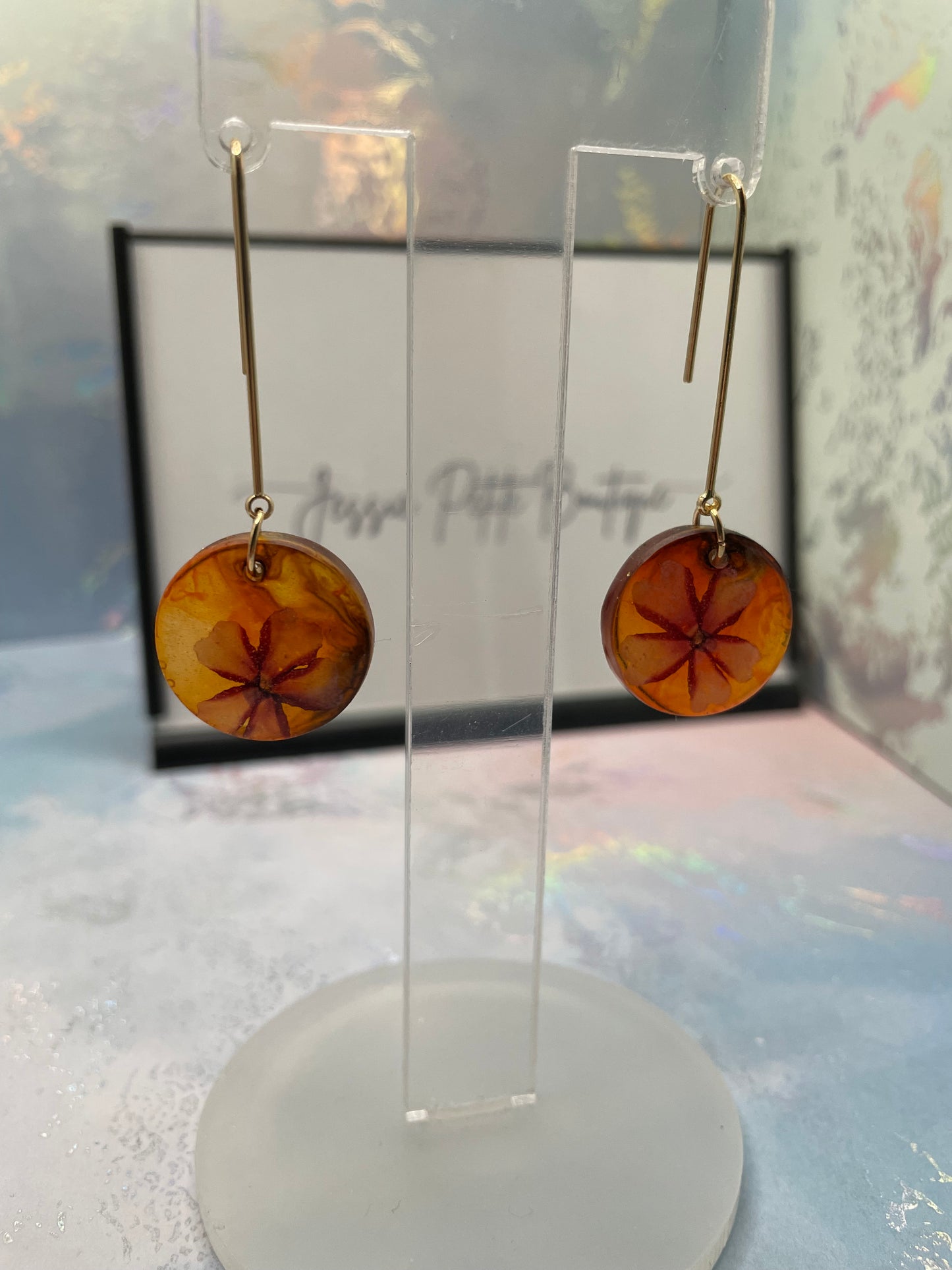 Dried Flower on Orange/Red Resin Round Dangle Earrings -NICKEL FREE