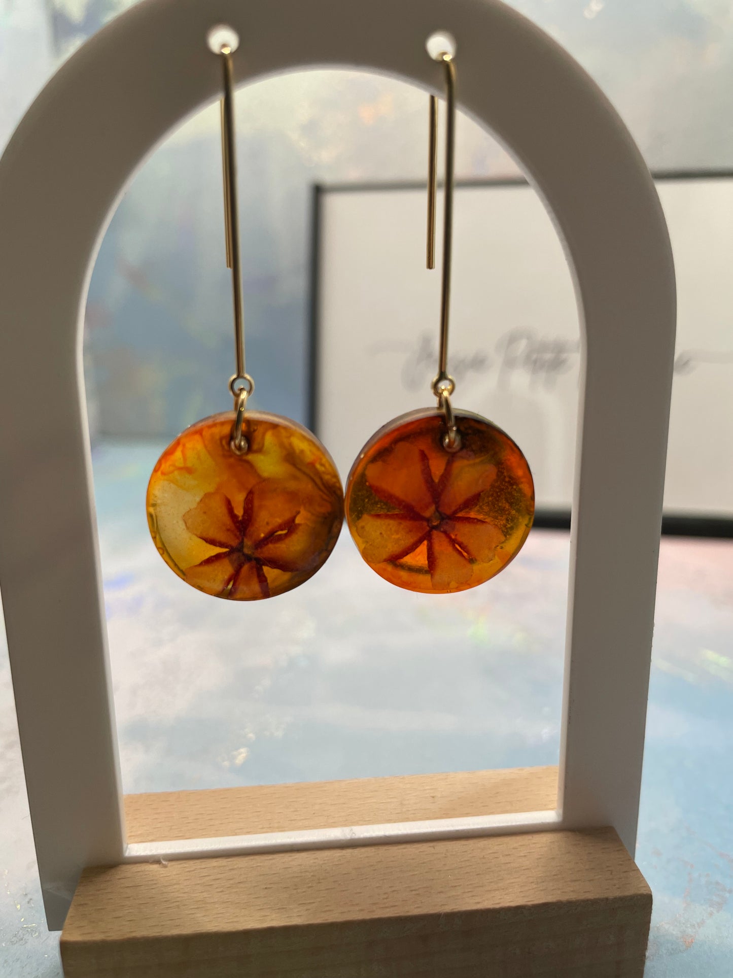 Dried Flower on Orange/Red Resin Round Dangle Earrings -NICKEL FREE