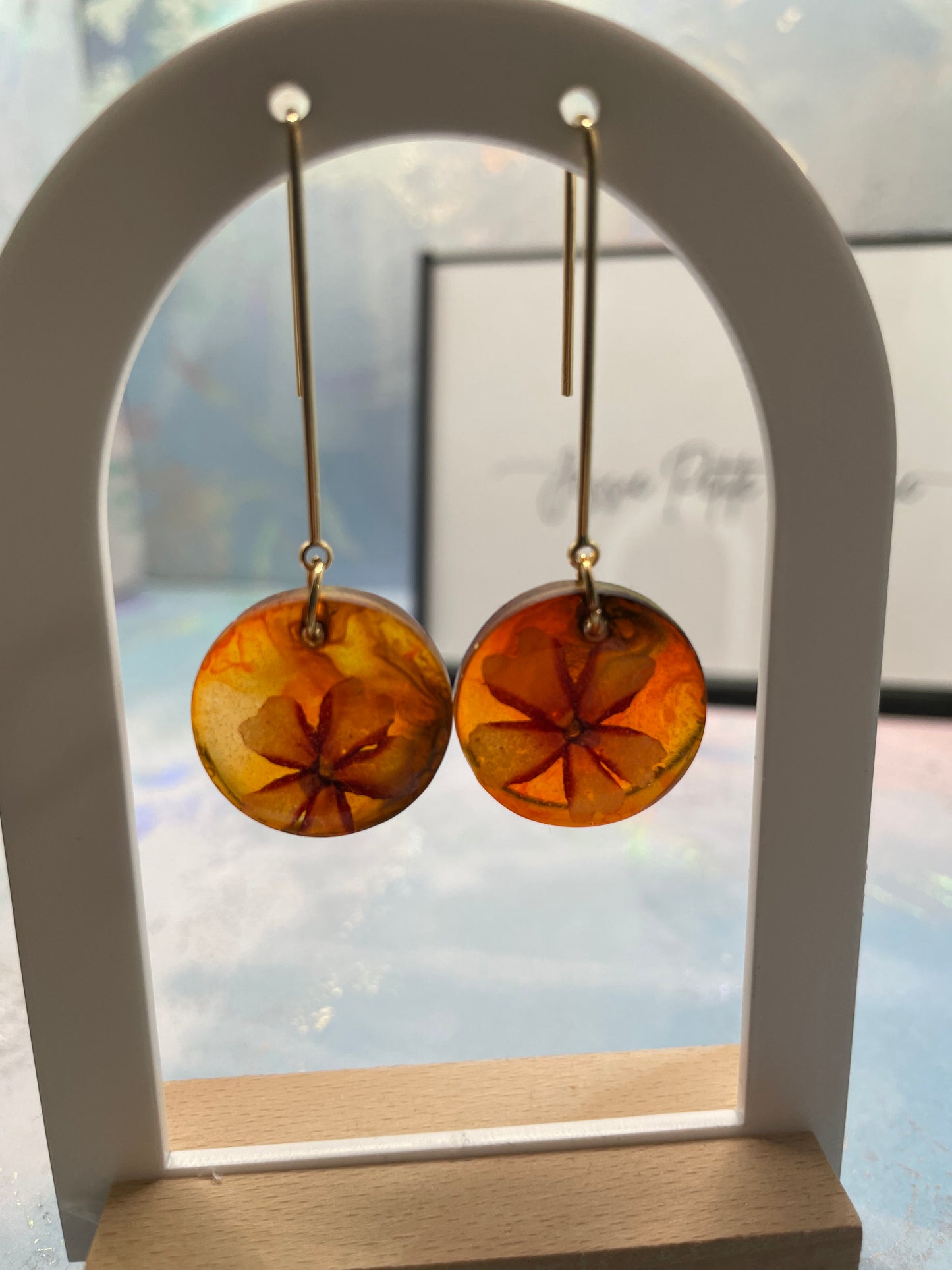 Dried Flower on Orange/Red Resin Round Dangle Earrings -NICKEL FREE