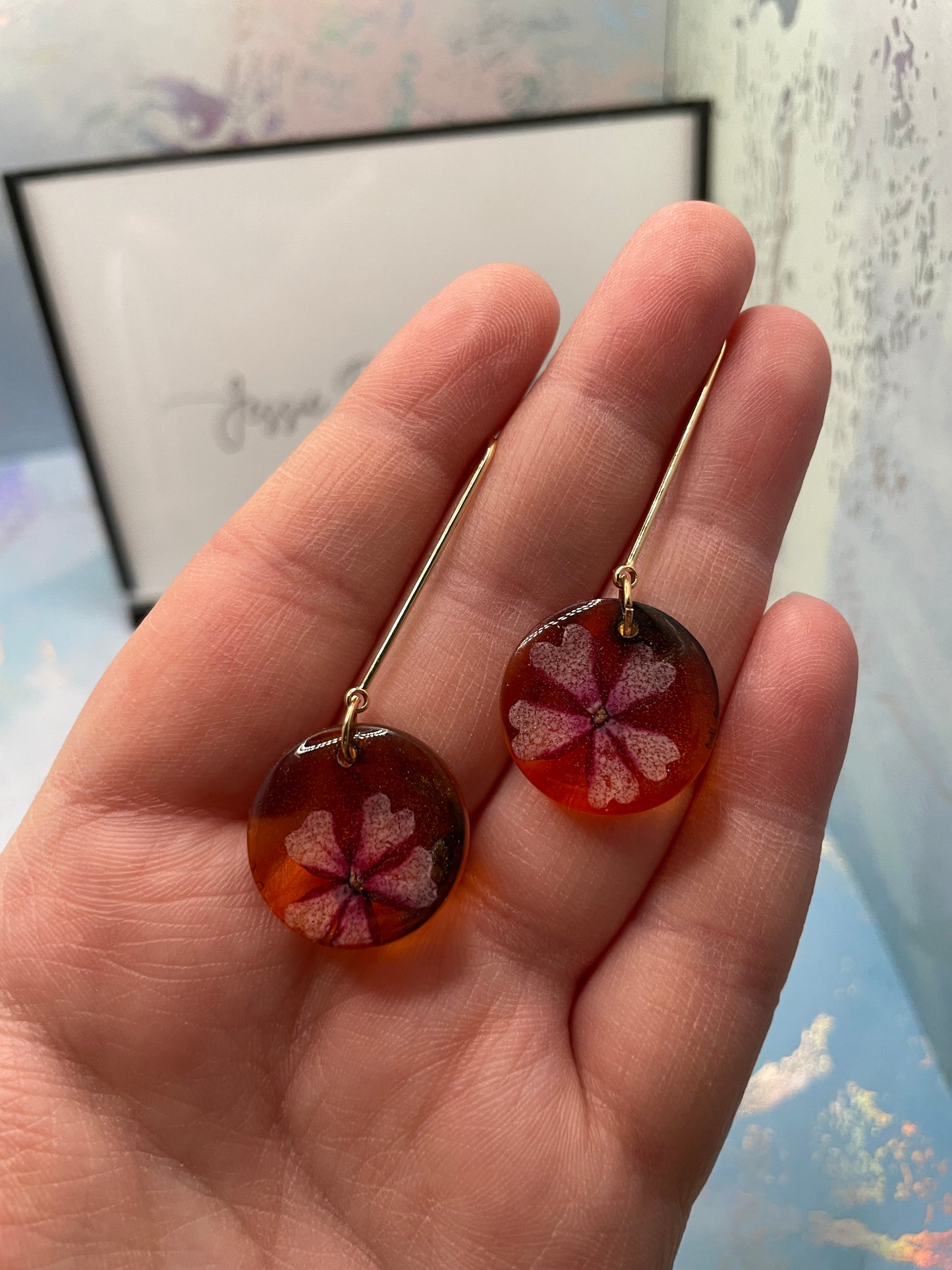 Dried Flower on Orange/Red Resin Round Dangle Earrings -NICKEL FREE