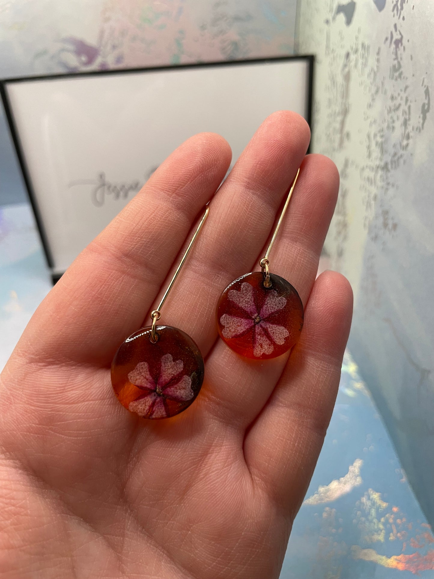 Dried Flower on Orange/Red Resin Round Dangle Earrings -NICKEL FREE