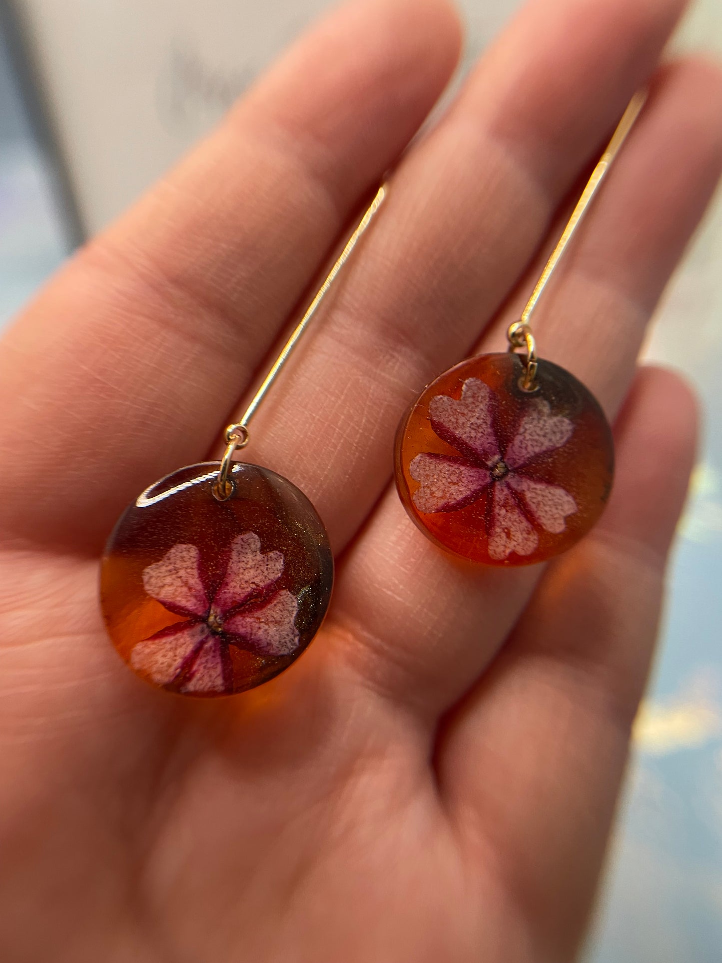 Dried Flower on Orange/Red Resin Round Dangle Earrings -NICKEL FREE