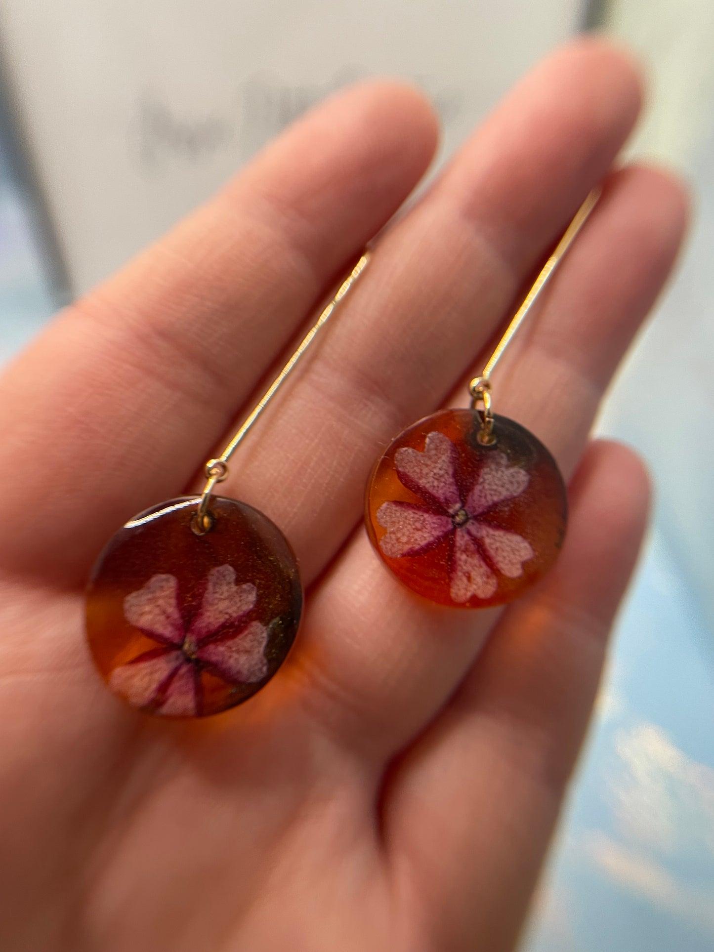 Dried Flower on Orange/Red Resin Round Dangle Earrings -NICKEL FREE