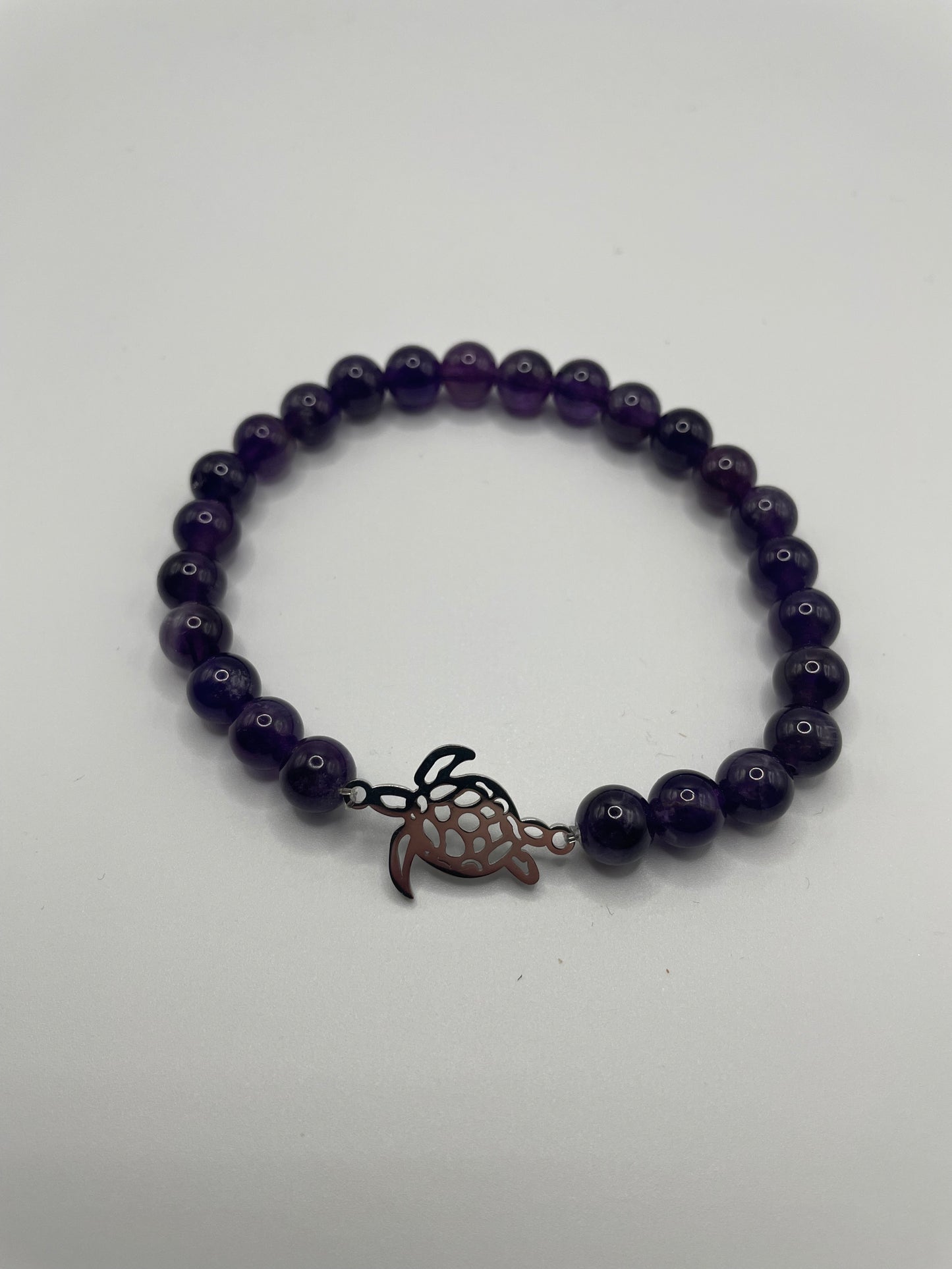 Amethyst Beaded Bracelet with Turtle Charm – Stainless Steel