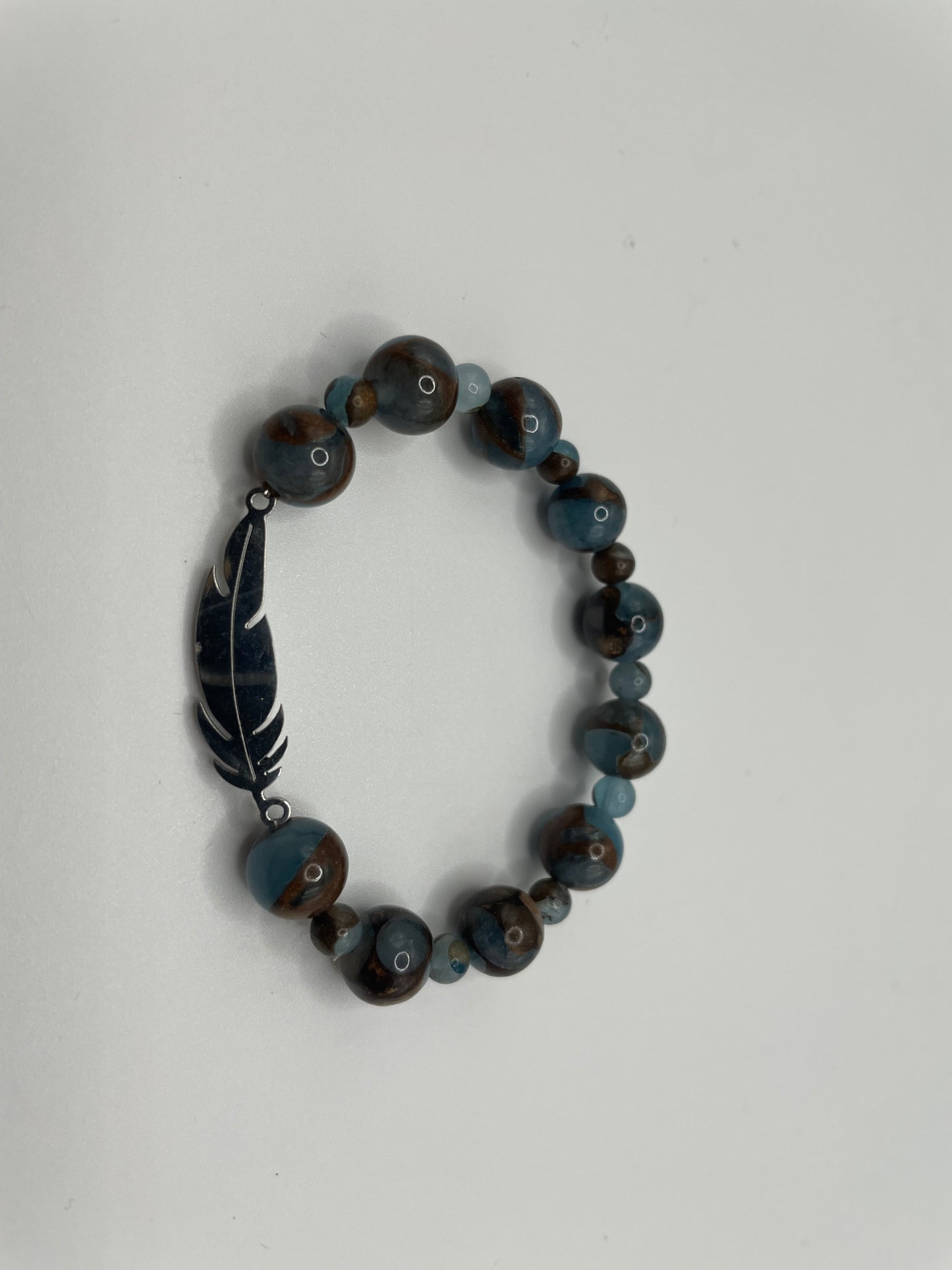 Blue and Brown Beaded Bracelet with Stainless Steel Feather Charm