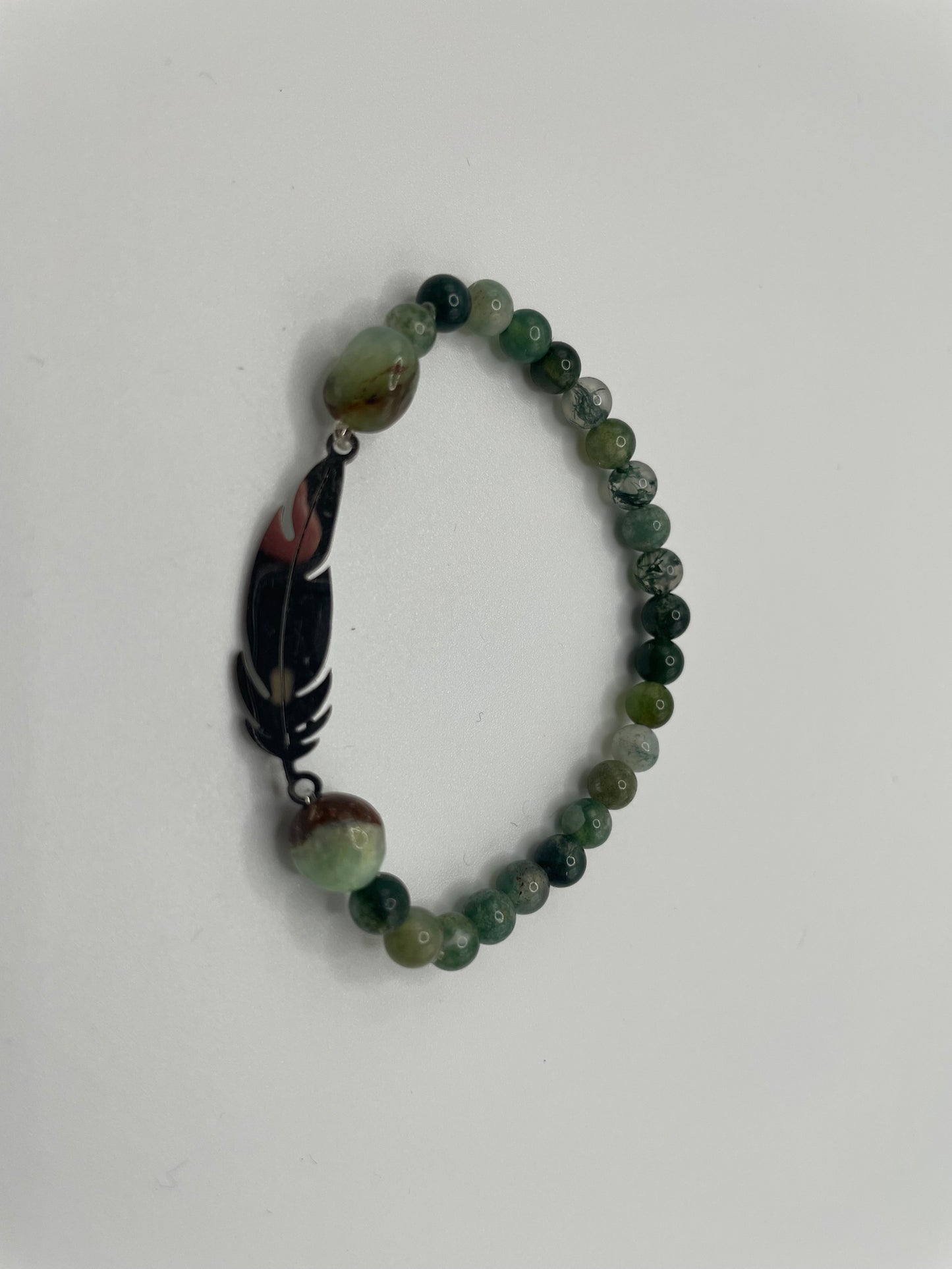 Green Beaded Bracelet with Stainless Steel Feather Charm