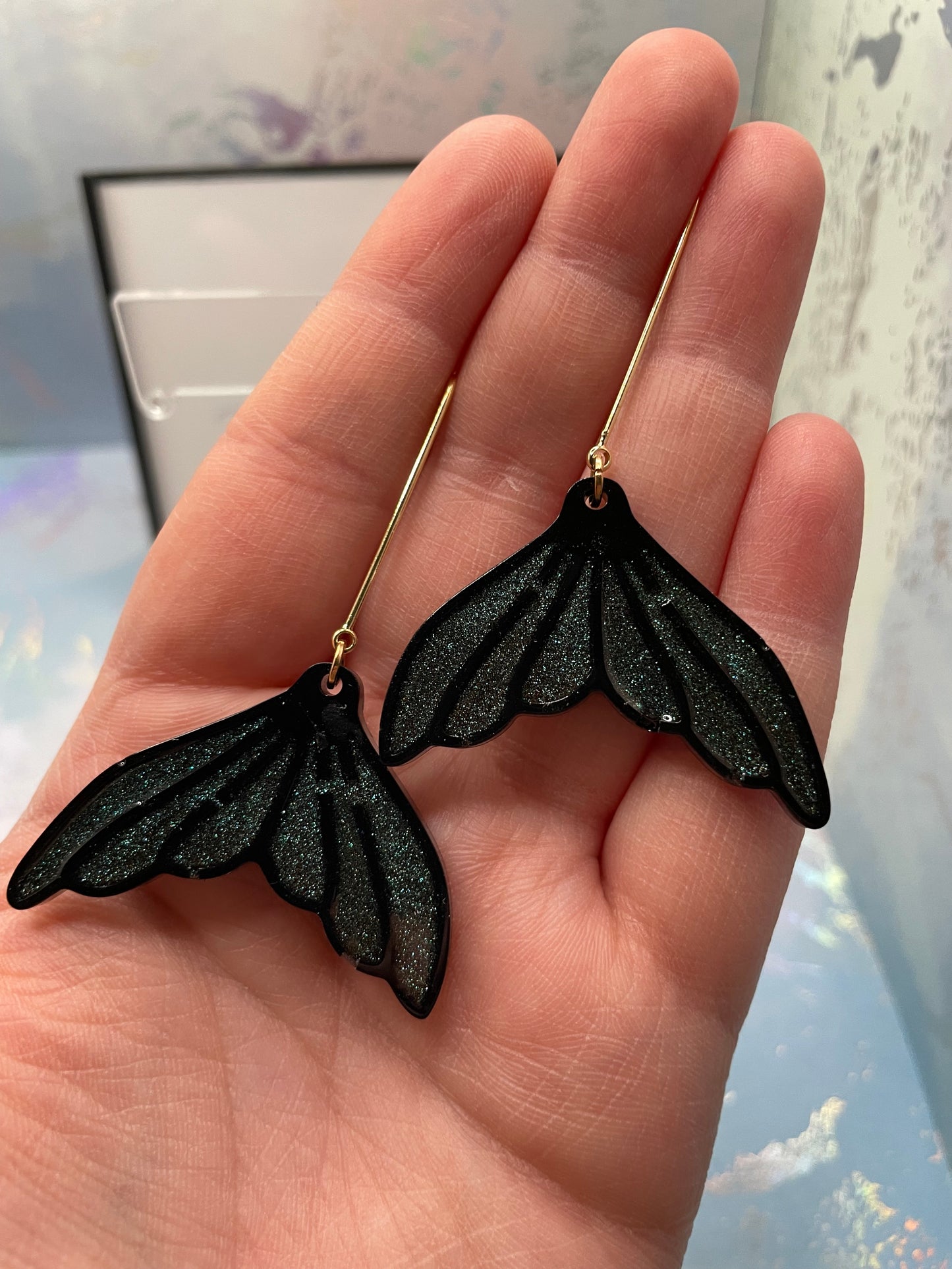 Sparkly Black Mermaid Tail Earrings -NICKEL FREE