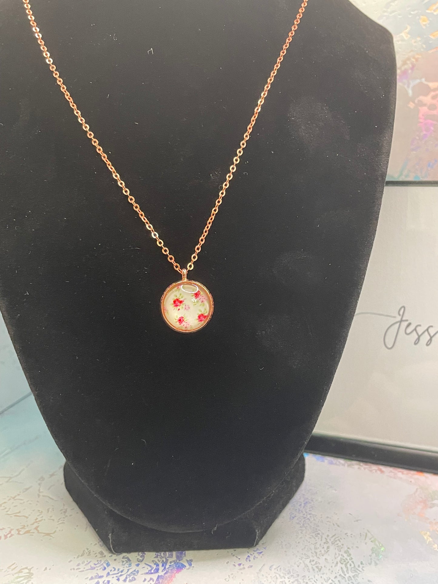 Roses in Small Cabochon Necklace - 21''Nickel Free