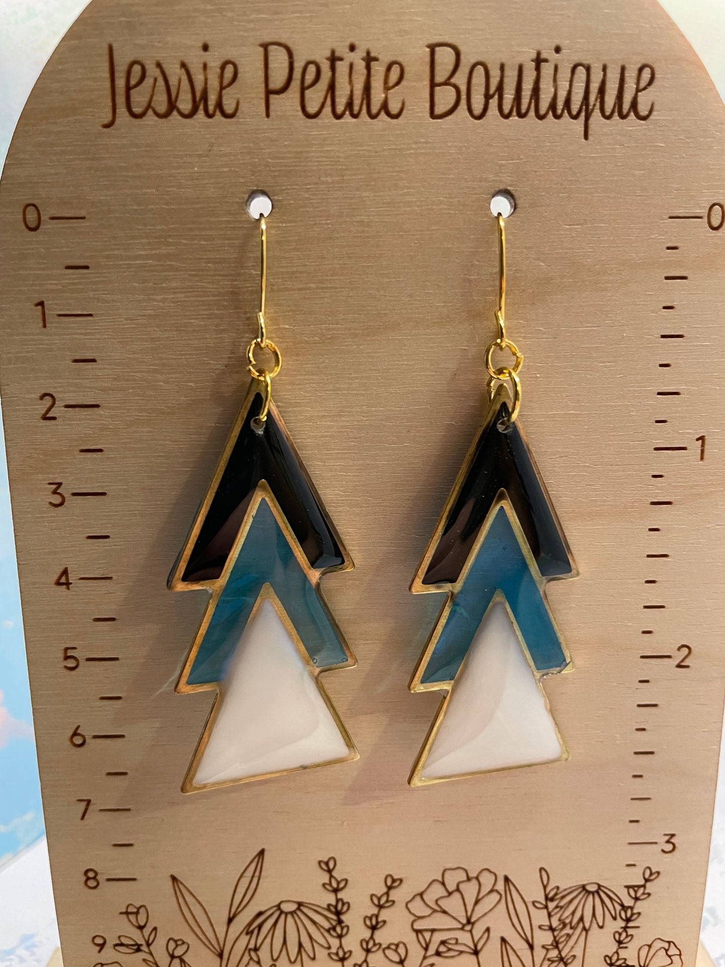 Boucles d'oreilles pendantes triangles noir, bleu et blanc -Acier inoxydable