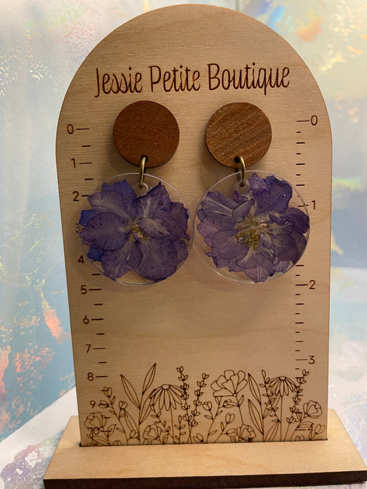 Boucles d'oreilles rondes fleur mauve - SANS NICKEL