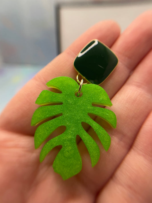 Monstera Green Earrings with Green enamel Stud-NICKEL FREE
