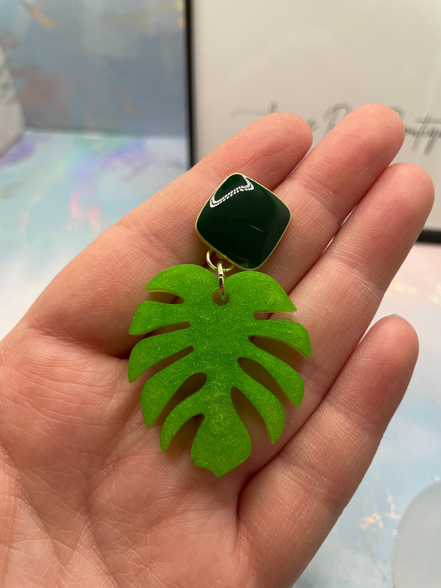 Monstera Green Earrings with Green enamel Stud-NICKEL FREE