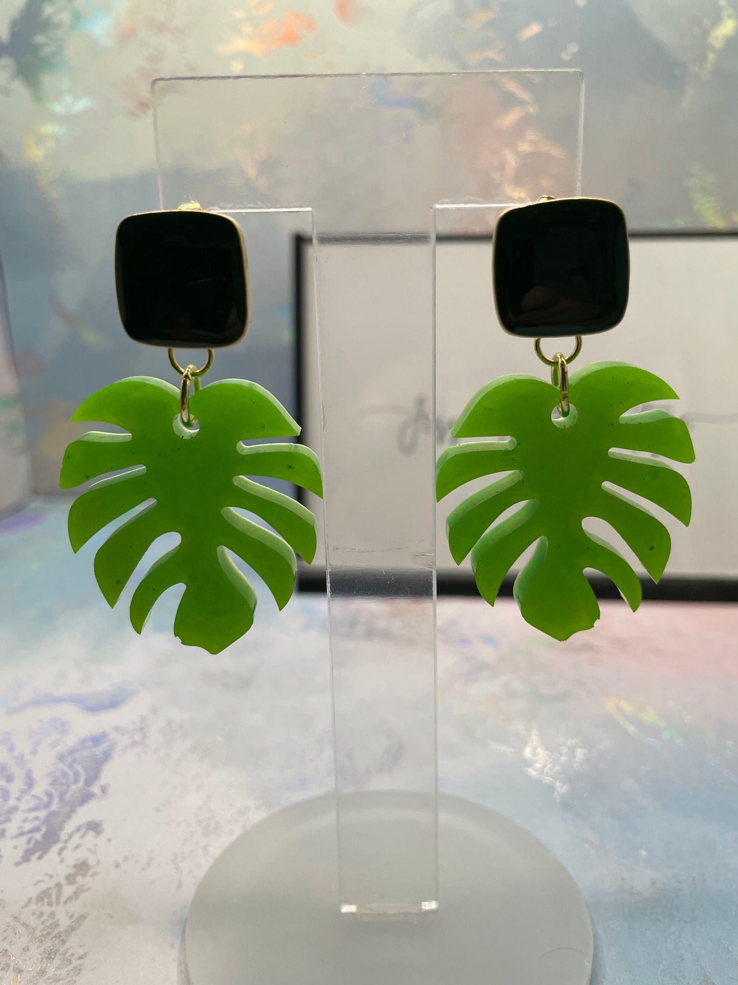 Monstera Green Earrings with Green enamel Stud-NICKEL FREE