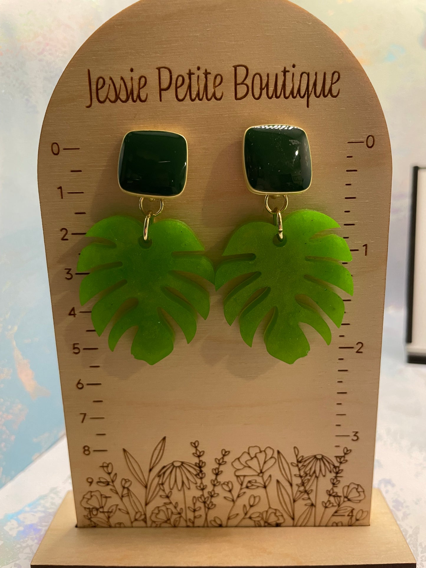 Monstera Green Earrings with Green enamel Stud-NICKEL FREE