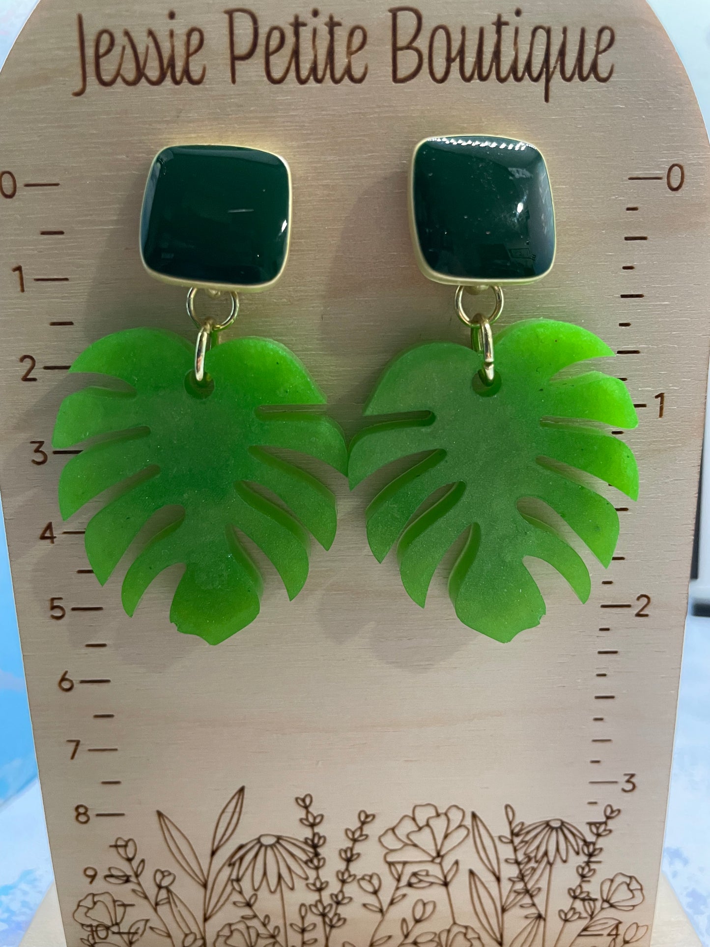 Monstera Green Earrings with Green enamel Stud-NICKEL FREE