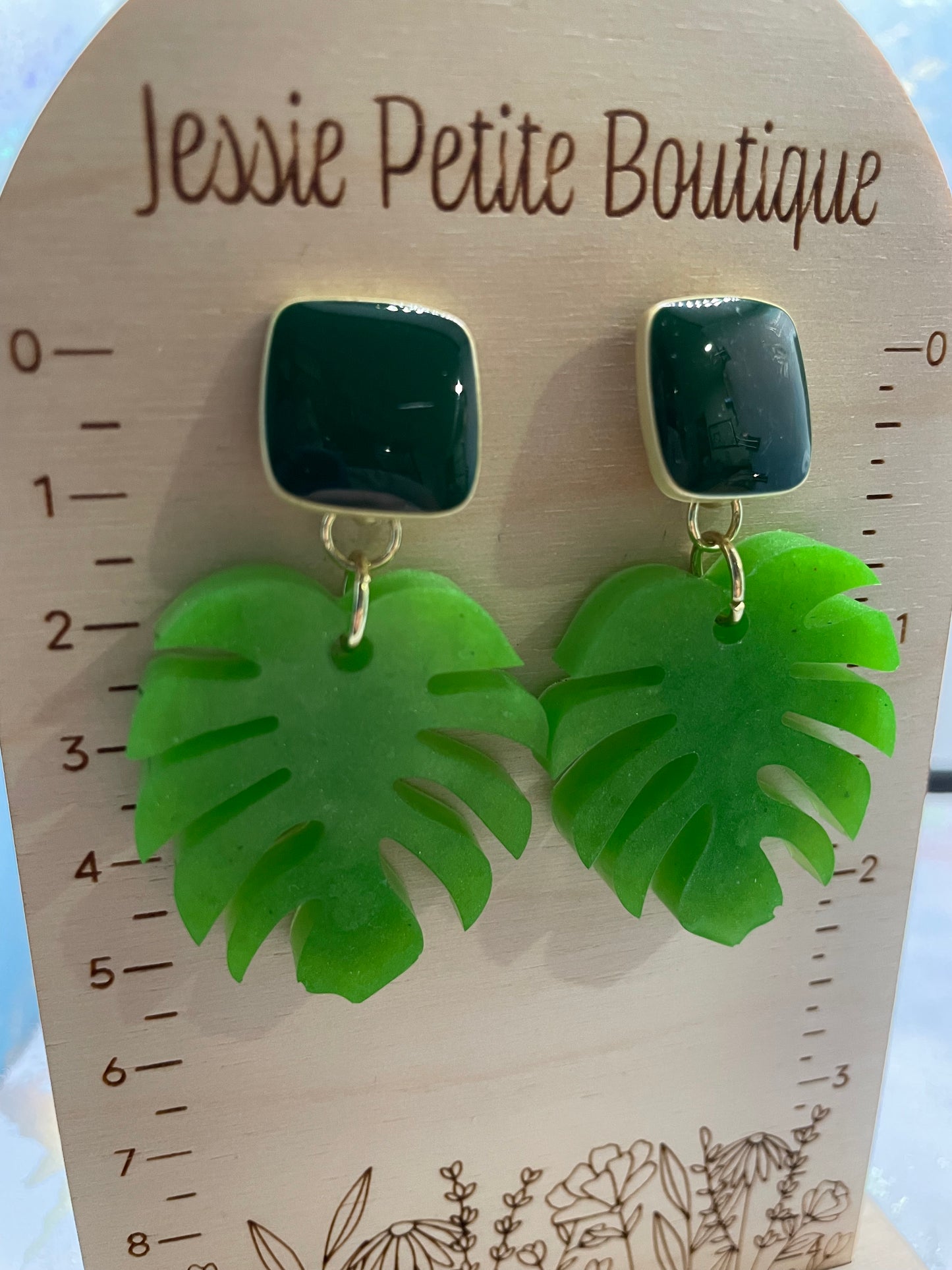 Monstera Green Earrings with Green enamel Stud-NICKEL FREE