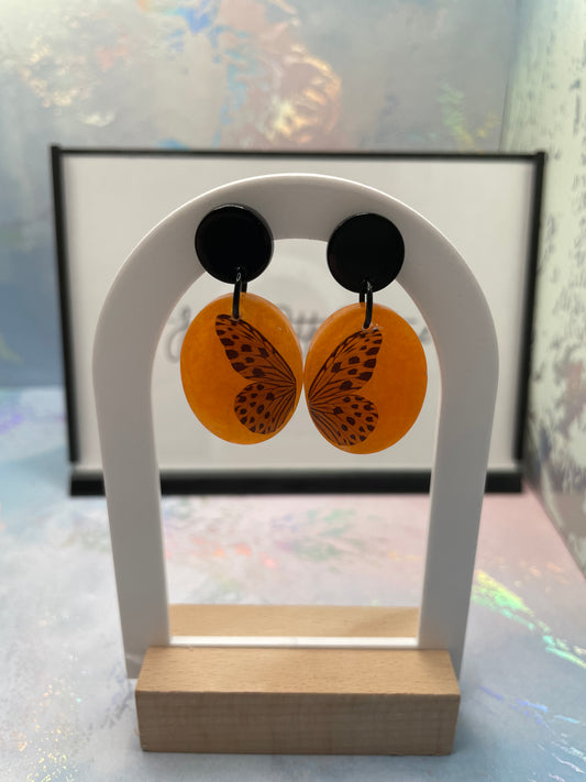Orange Butterfly Oval Earrings-NICKEL FREE