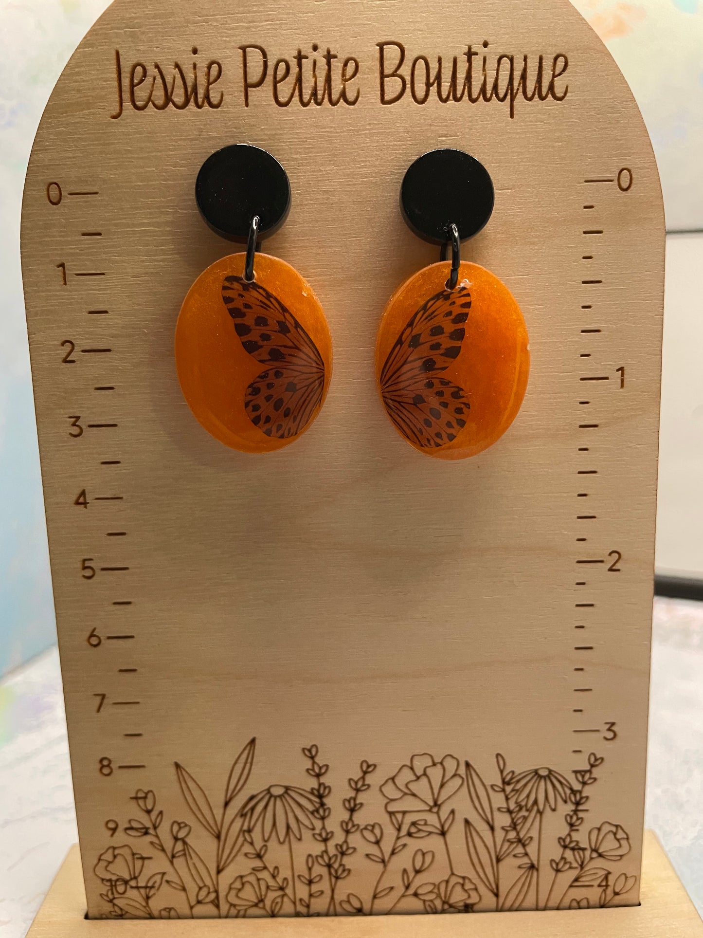 Orange Butterfly Oval Earrings-NICKEL FREE