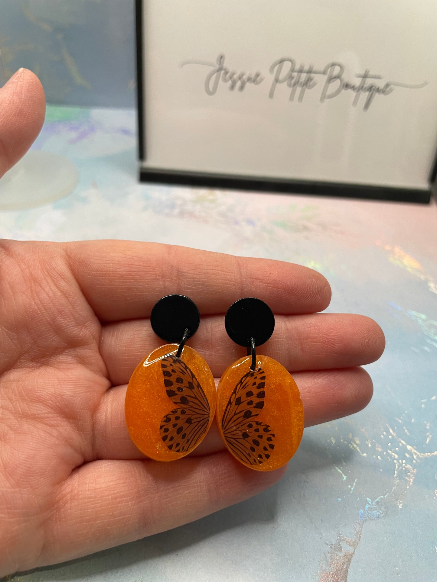 Orange Butterfly Oval Earrings-NICKEL FREE