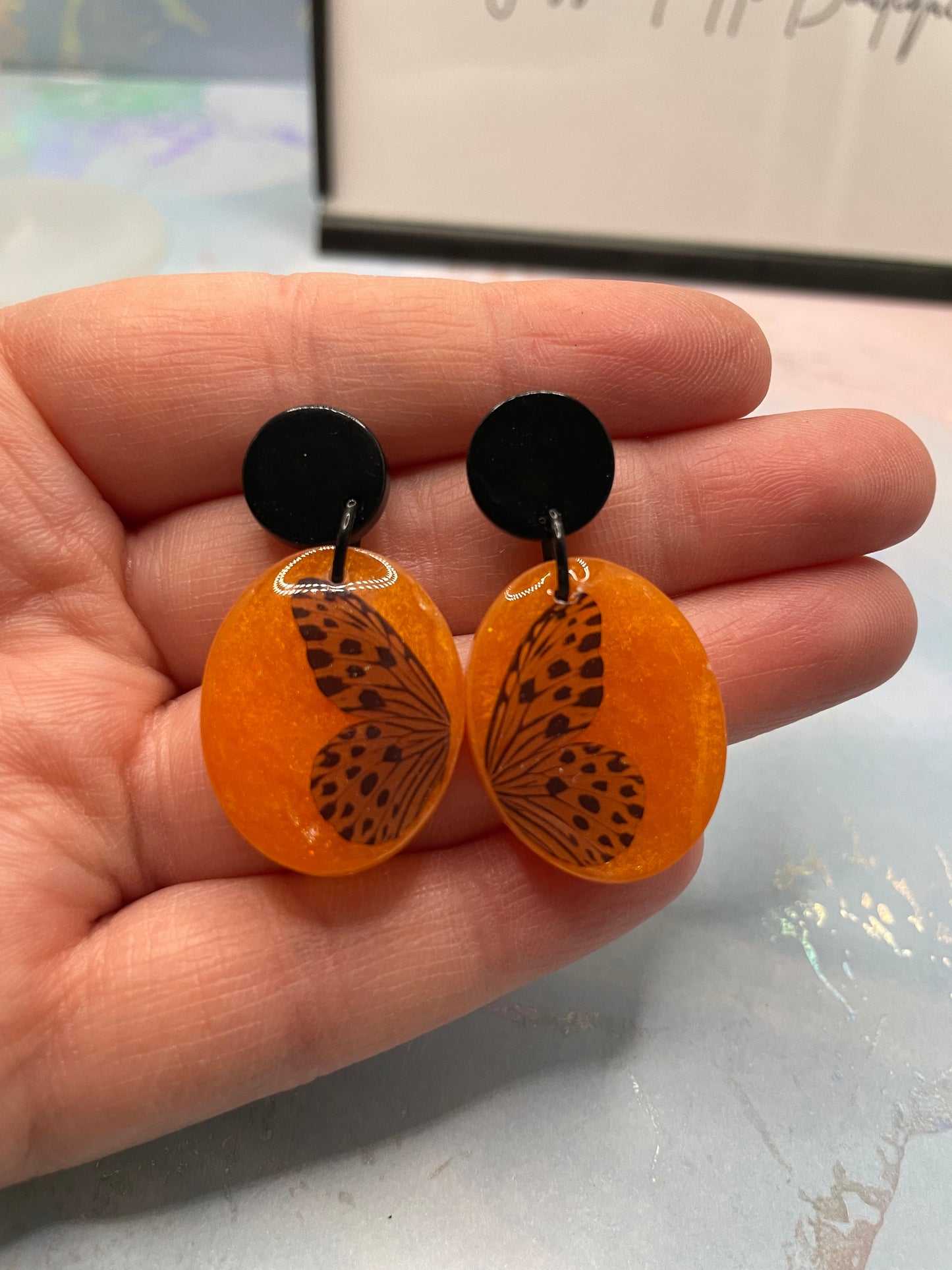 Orange Butterfly Oval Earrings-NICKEL FREE