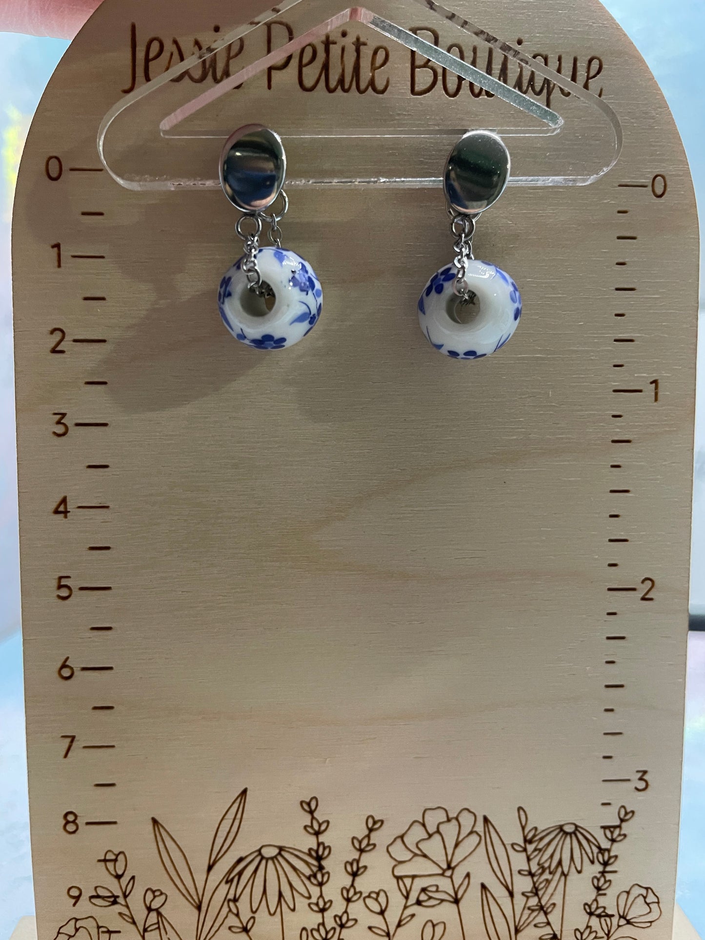 Ensemble perles blanches avec fleurs bleues -acier inoxydable