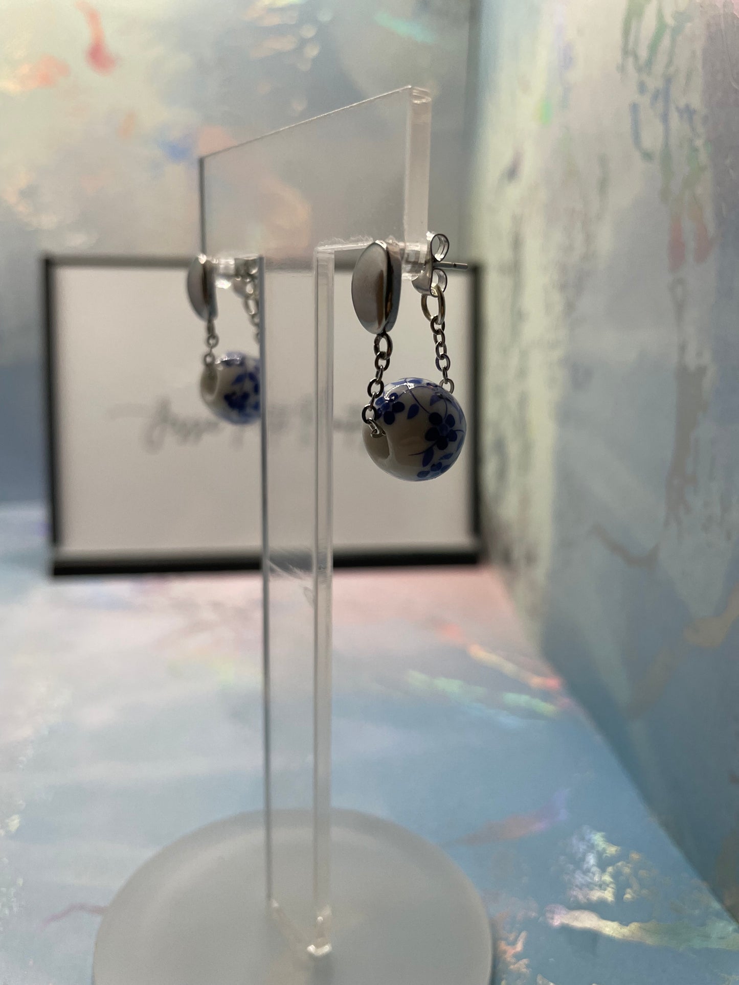 Ensemble perles blanches avec fleurs bleues -acier inoxydable