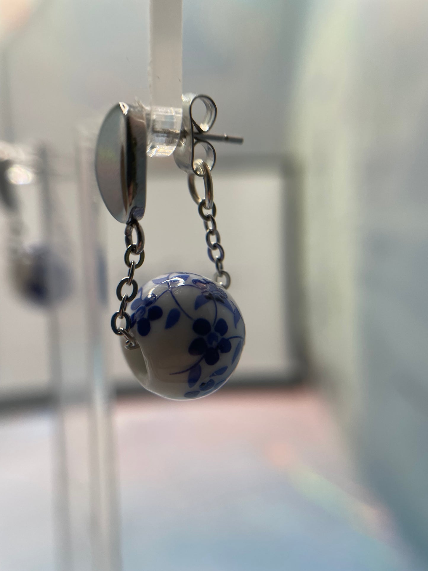 Ensemble perles blanches avec fleurs bleues -acier inoxydable