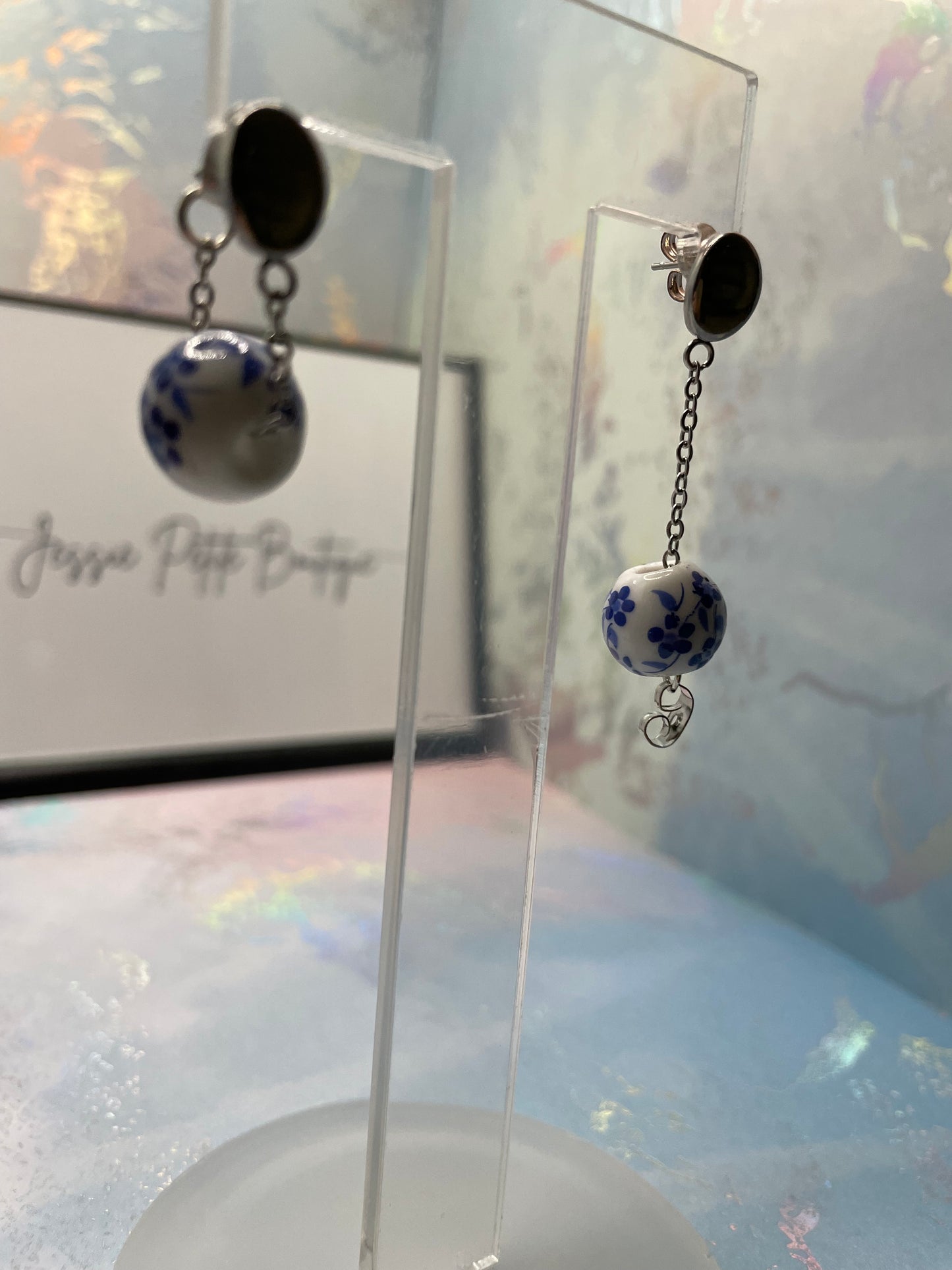 Ensemble perles blanches avec fleurs bleues -acier inoxydable