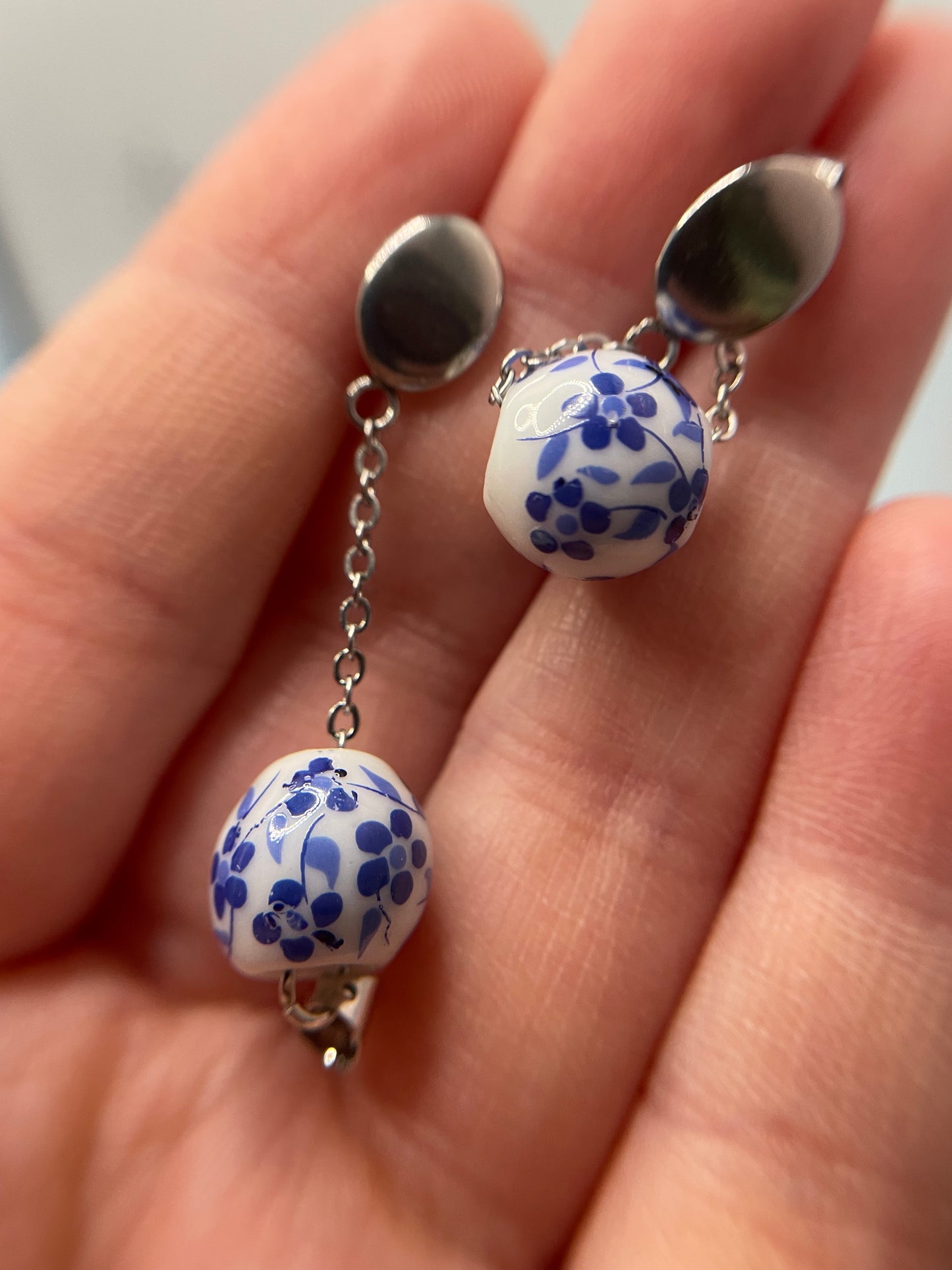 Ensemble perles blanches avec fleurs bleues -acier inoxydable