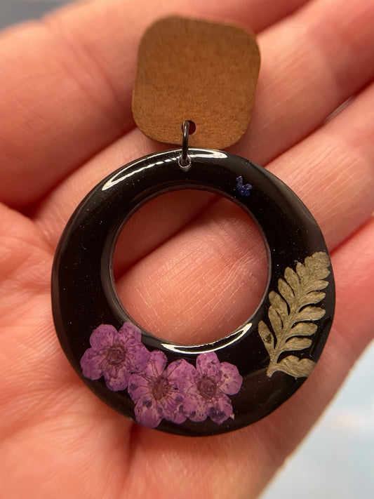 Purple Flower & Greenery Resin Earrings
