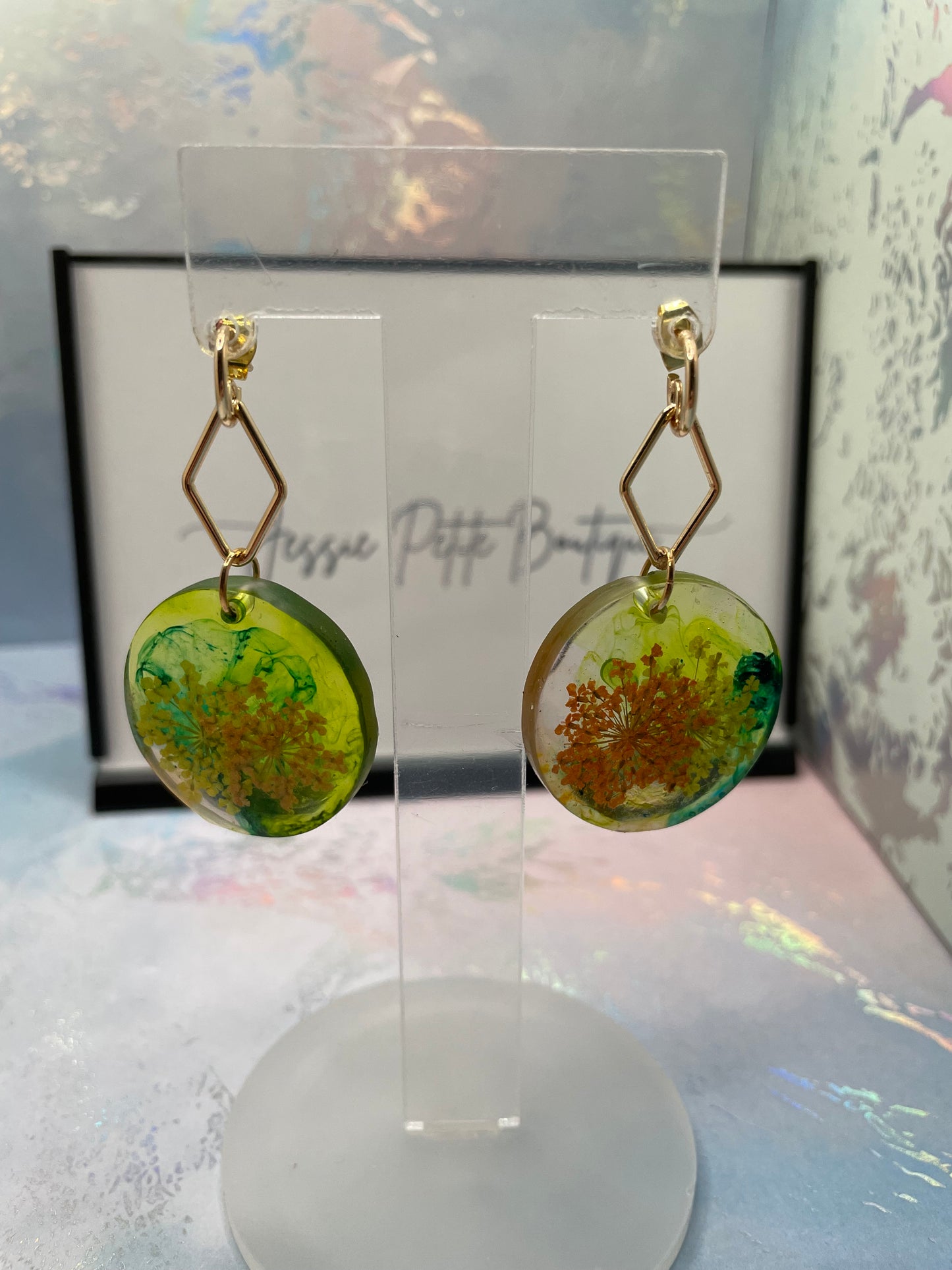 Yellow & Orange Flower Resin Earrings -NICKEL FREE