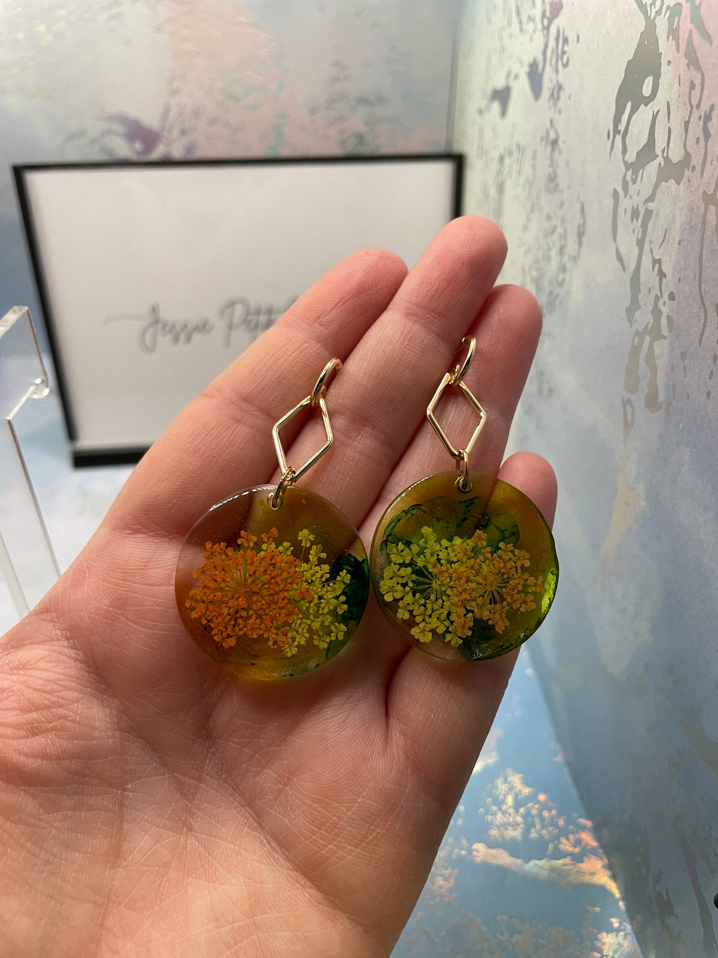 Yellow & Orange Flower Resin Earrings -NICKEL FREE