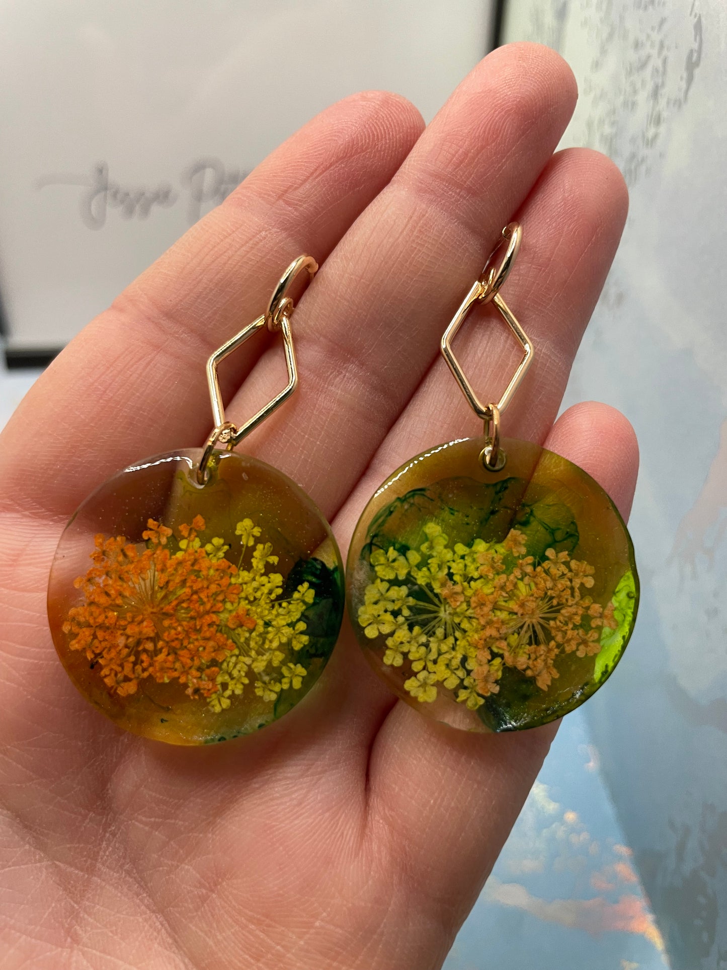Yellow & Orange Flower Resin Earrings -NICKEL FREE
