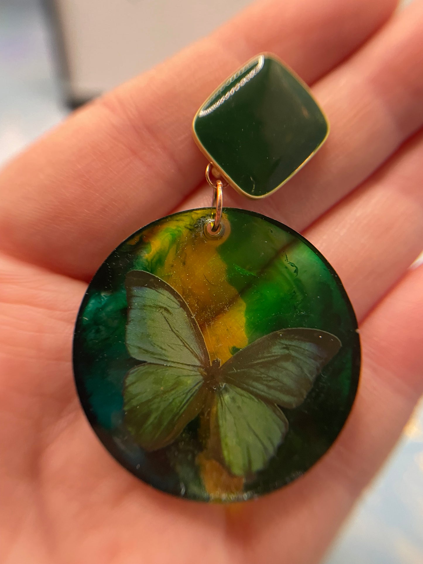 Green Butterfly Round Earrings-NICKEL FREE