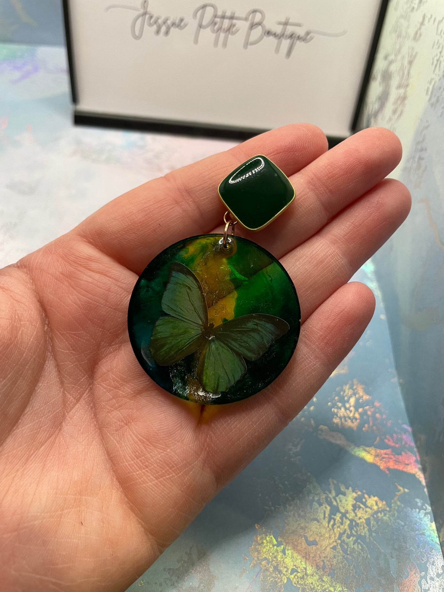Green Butterfly Round Earrings-NICKEL FREE