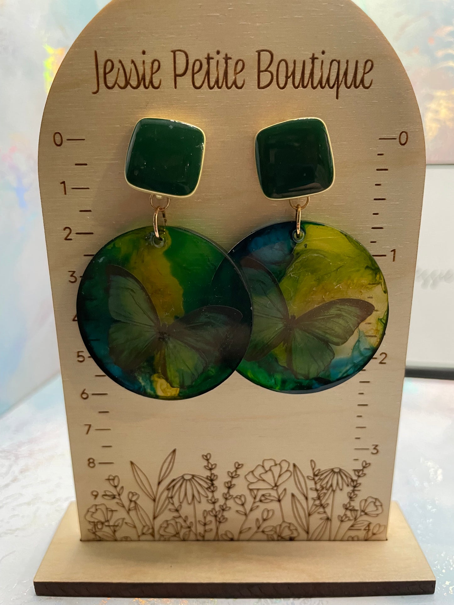 Green Butterfly Round Earrings-NICKEL FREE