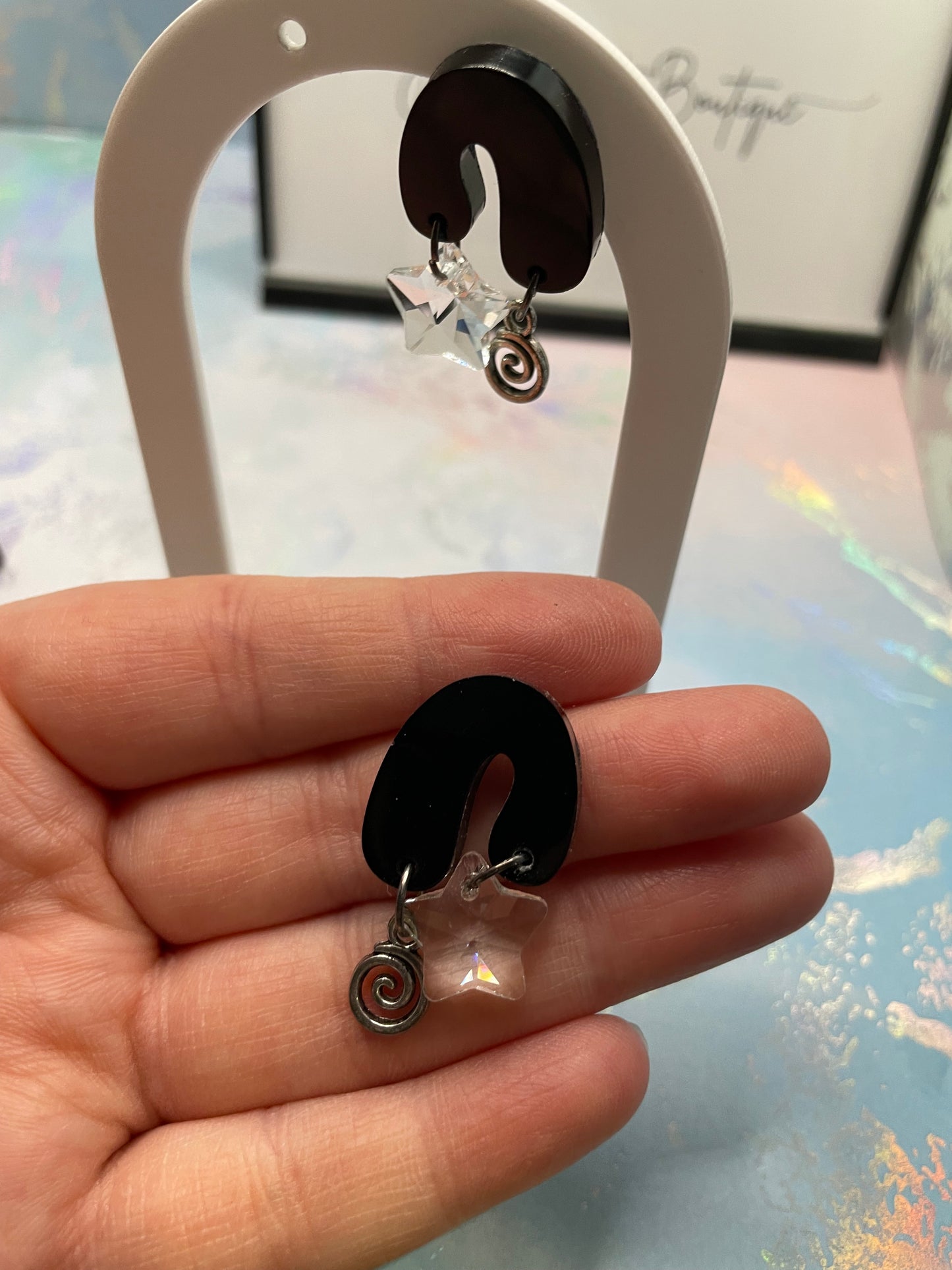 Audrey: Black earrings with Spirals+Star -NICKEL FREE