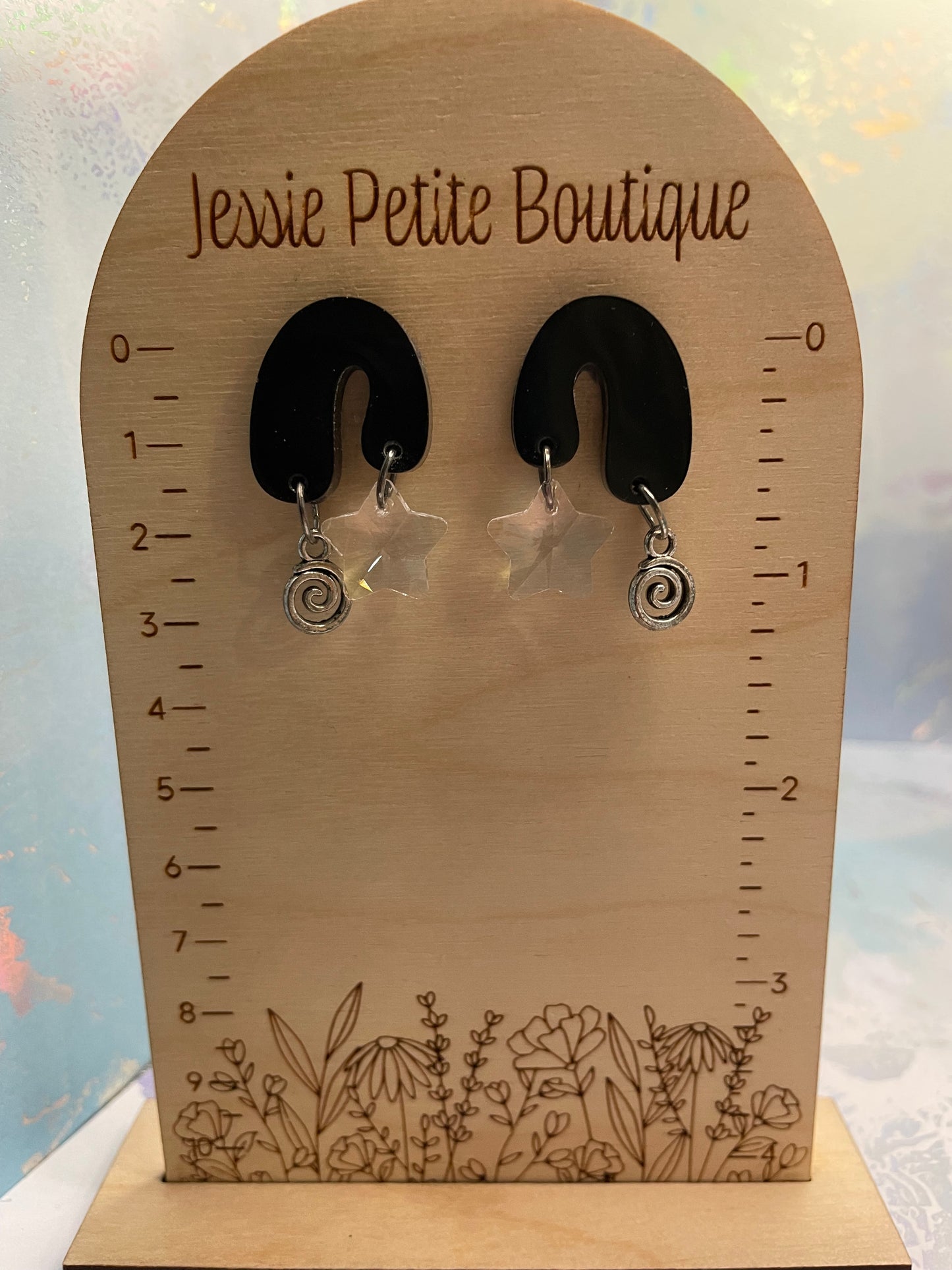 Audrey: Black earrings with Spirals+Star -NICKEL FREE