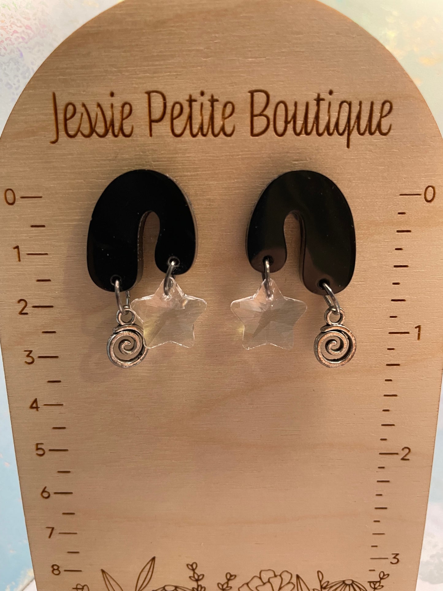 Audrey: Black earrings with Spirals+Star -NICKEL FREE