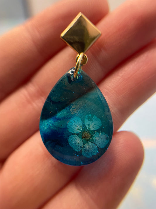 Flower on Blue Teardrop Earrings