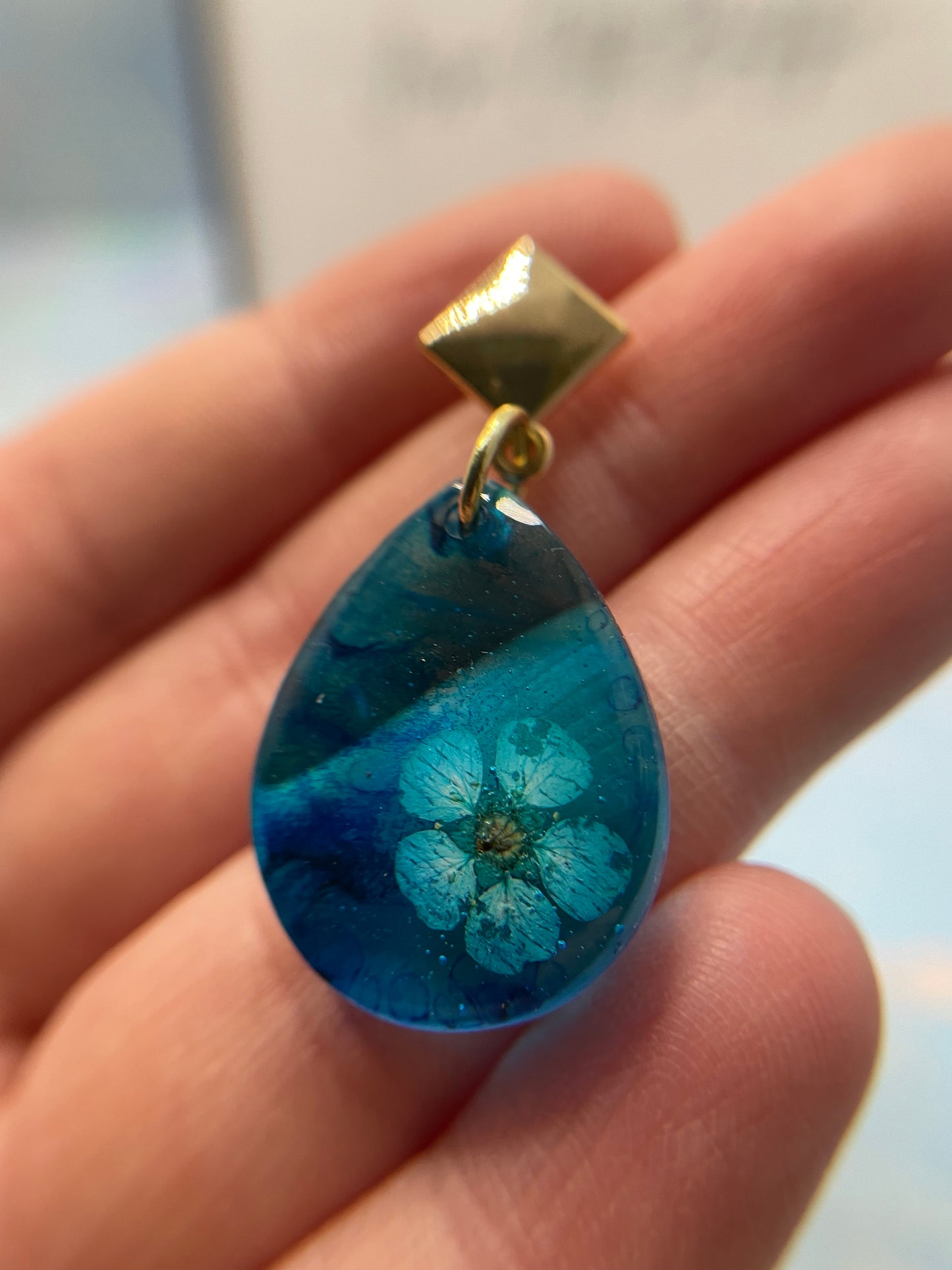 Flower on Blue Teardrop Earrings