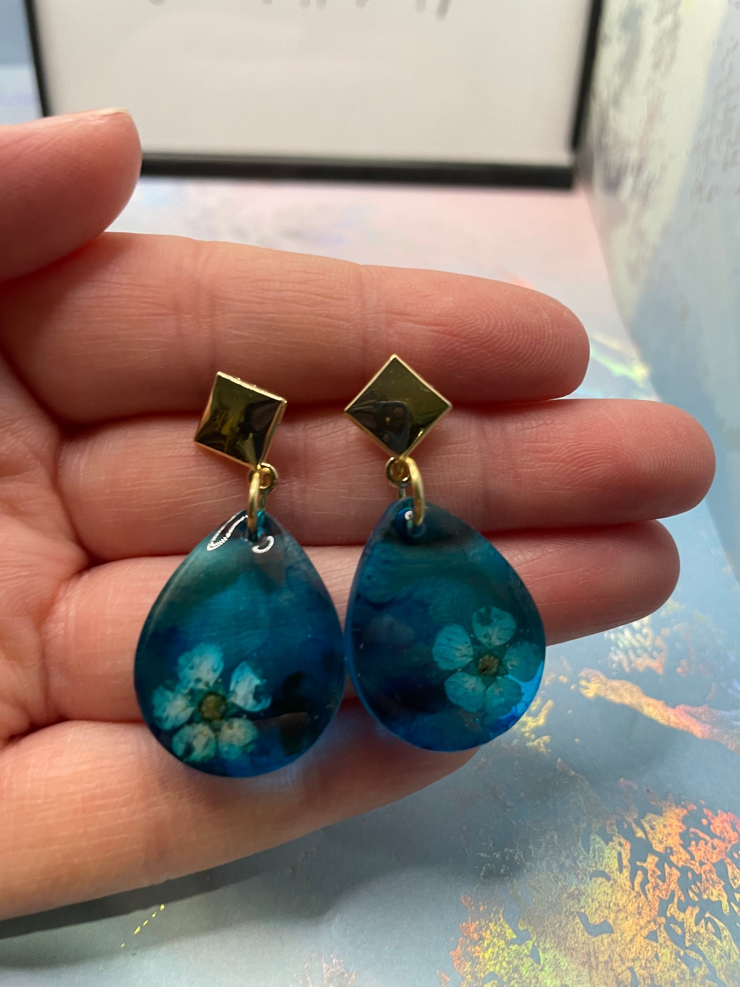 Flower on Blue Teardrop Earrings