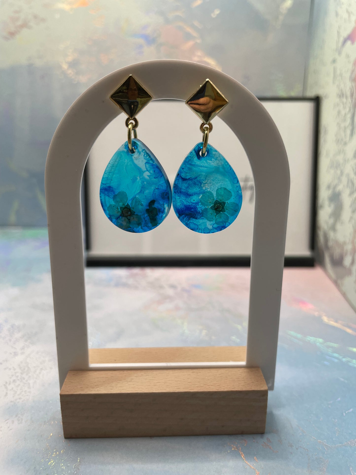 Flower on Blue Teardrop Earrings