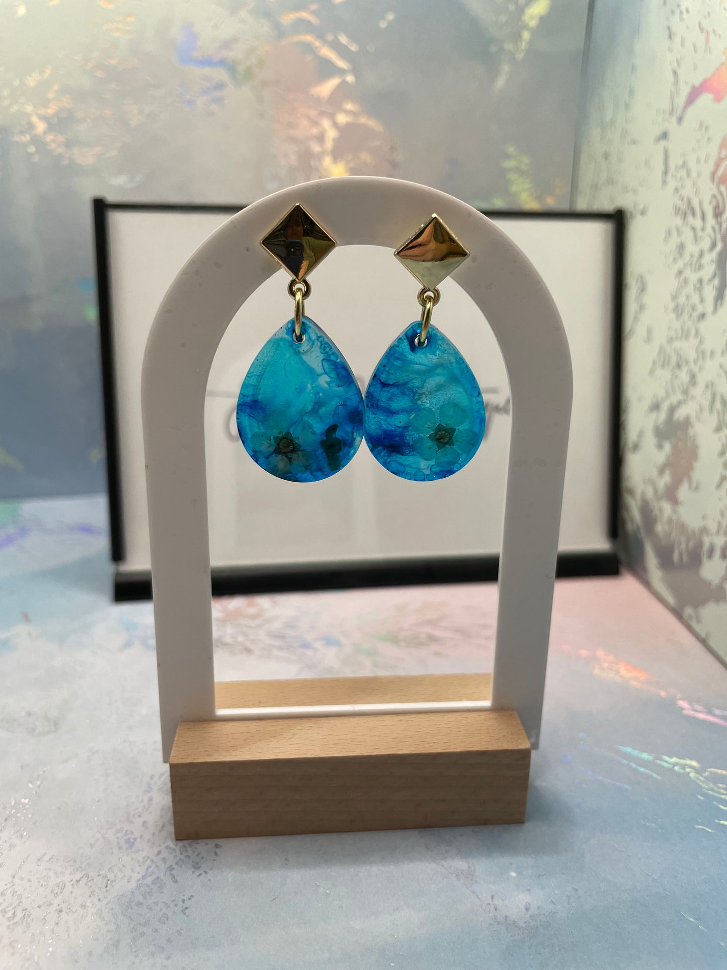 Flower on Blue Teardrop Earrings