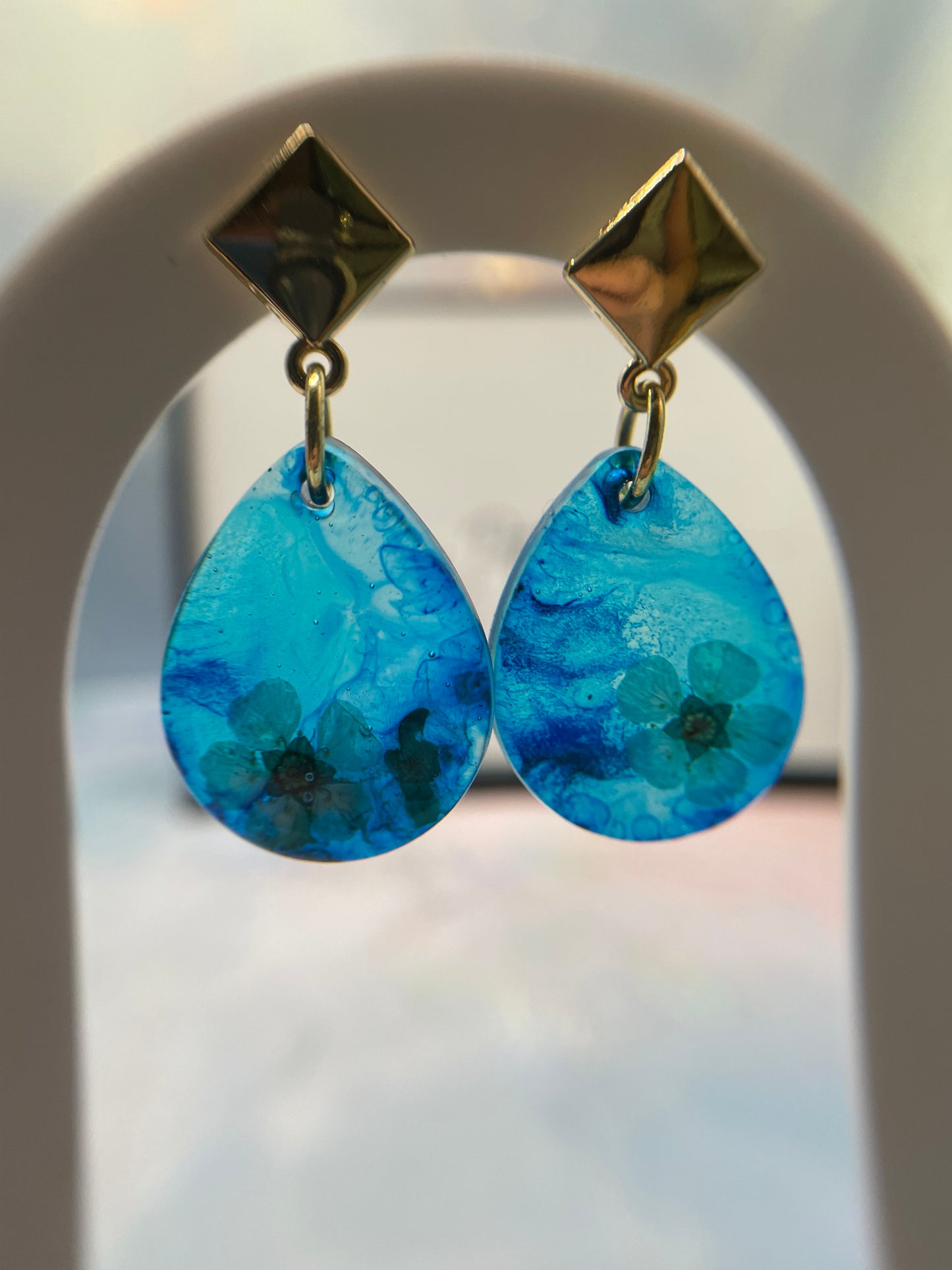 Flower on Blue Teardrop Earrings