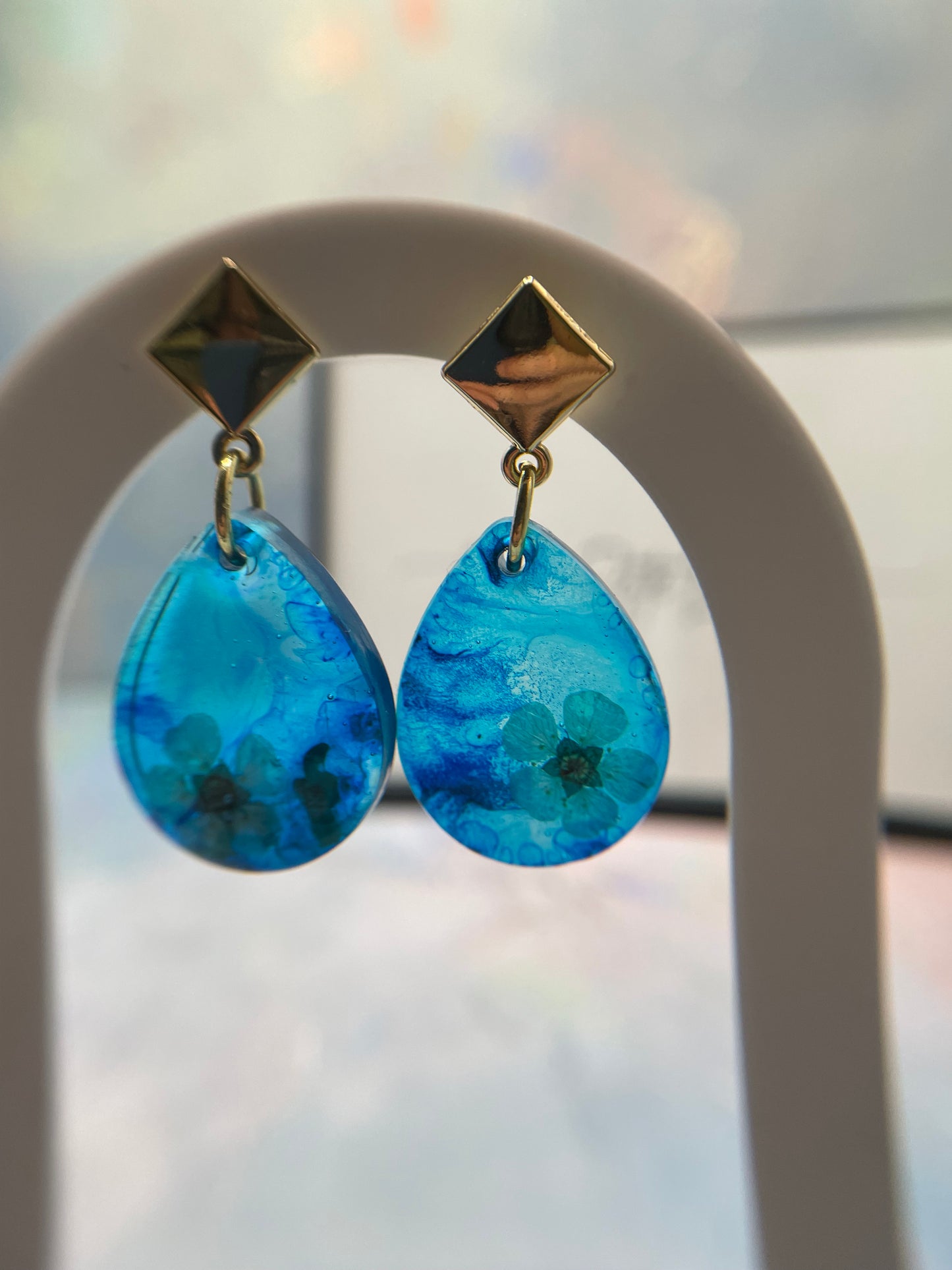 Flower on Blue Teardrop Earrings