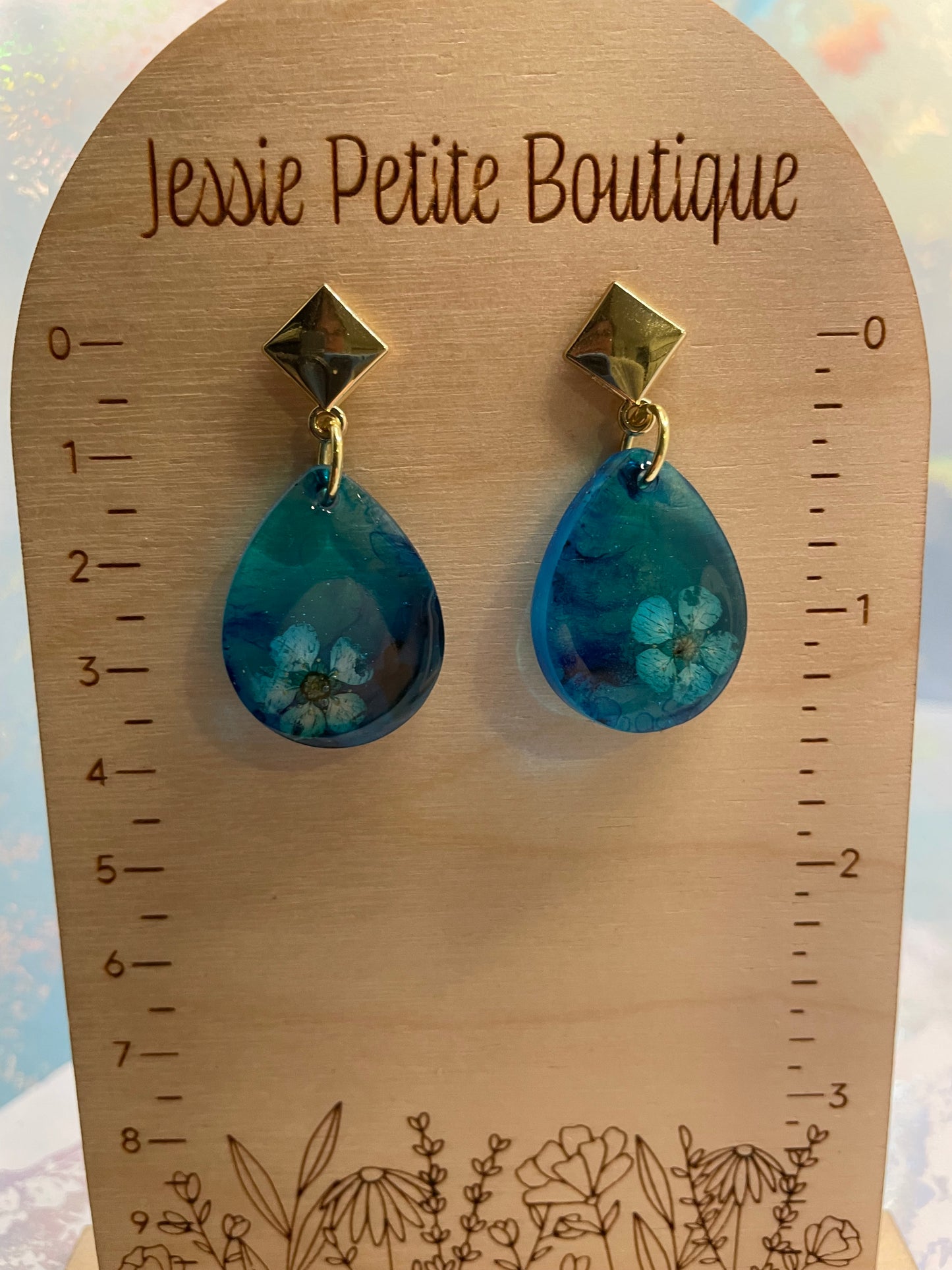 Flower on Blue Teardrop Earrings