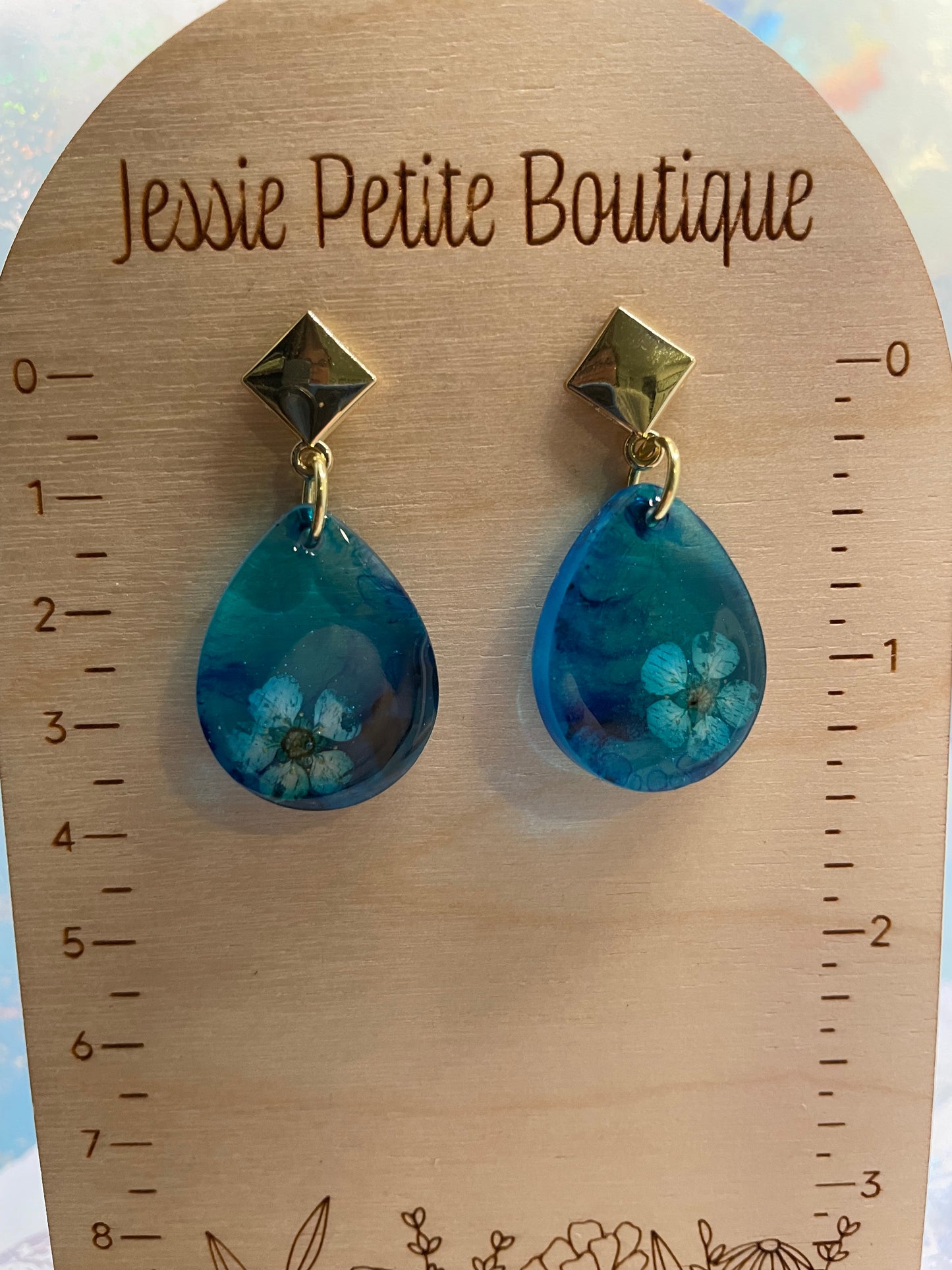 Flower on Blue Teardrop Earrings