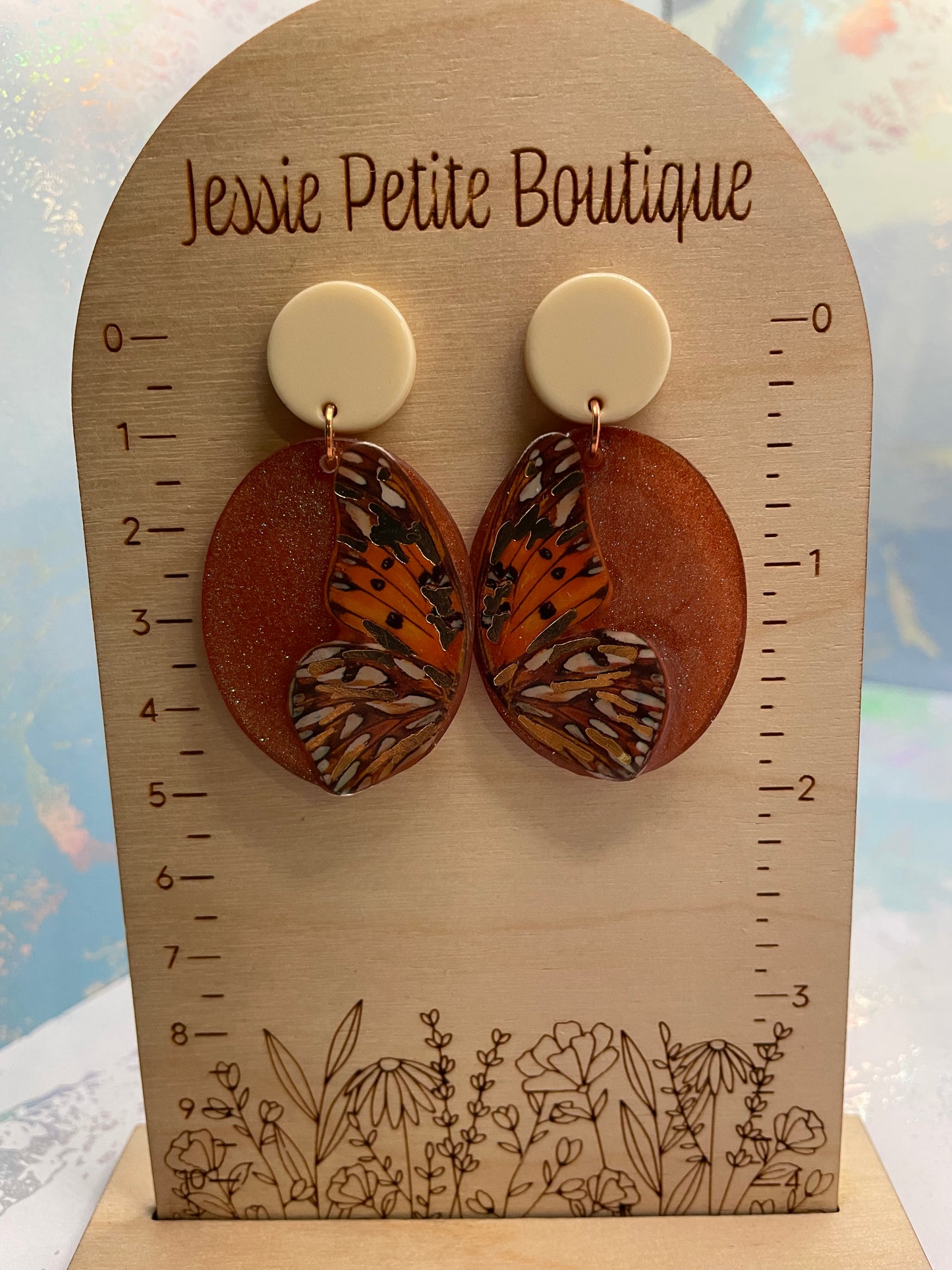 Boucles d'oreilles ovales papillon orange scintillantes -Acier inoxydable
